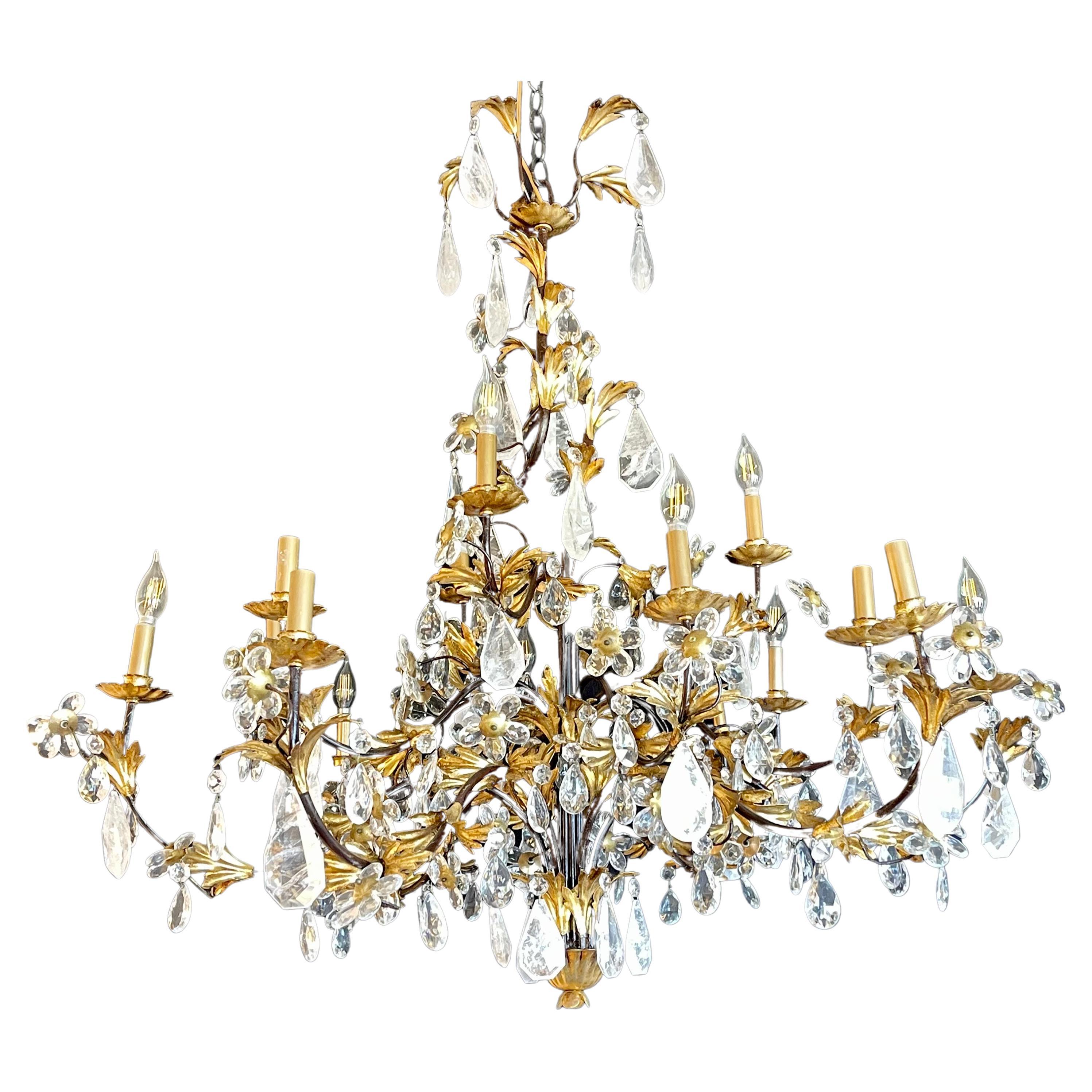 Louis XVI Style Rock Crystal Chandelier, Ebony and Gilt Metal Design For Sale