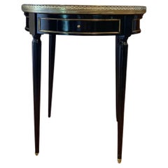 Louis XVI Style Round Black Bouillotte Lacquer Table, Peach Marble, Brass Trim