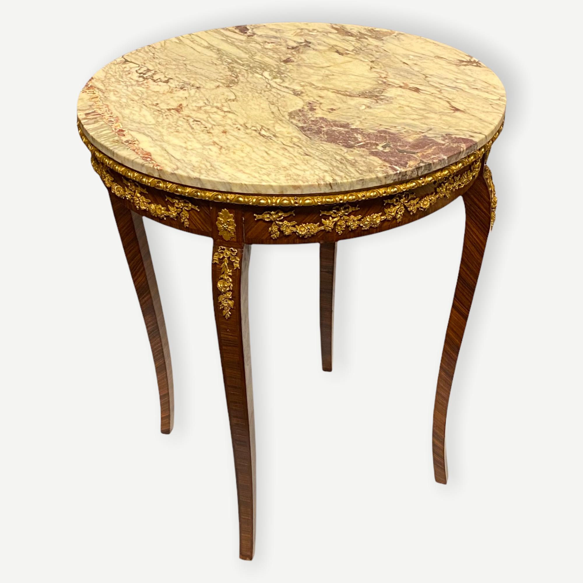 Gilt Louis XVI Style Round Marble Top Side Table