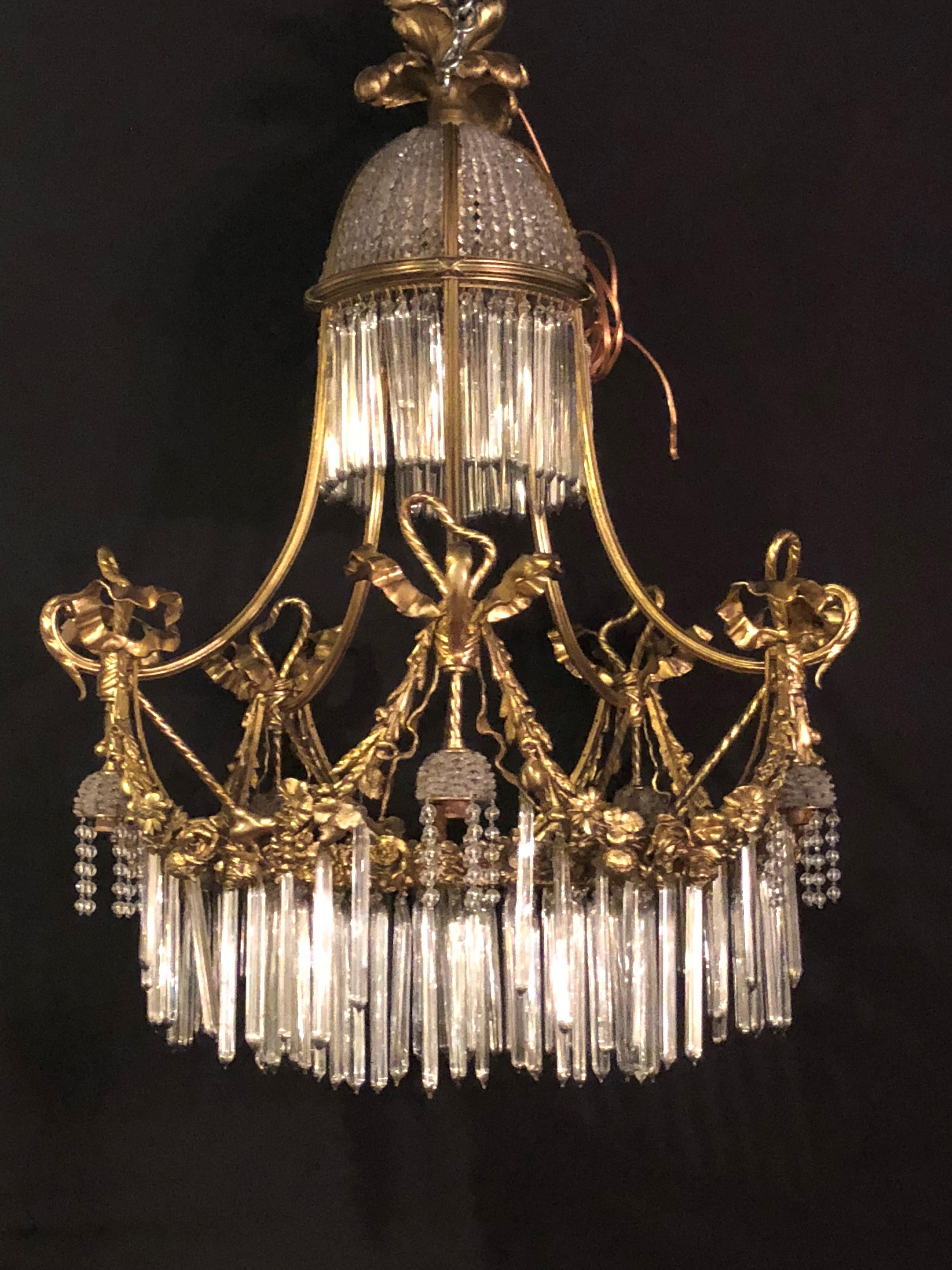 French Louis XVI Style Russian Neoclassical Doré Bronze and Crystal Chandelier