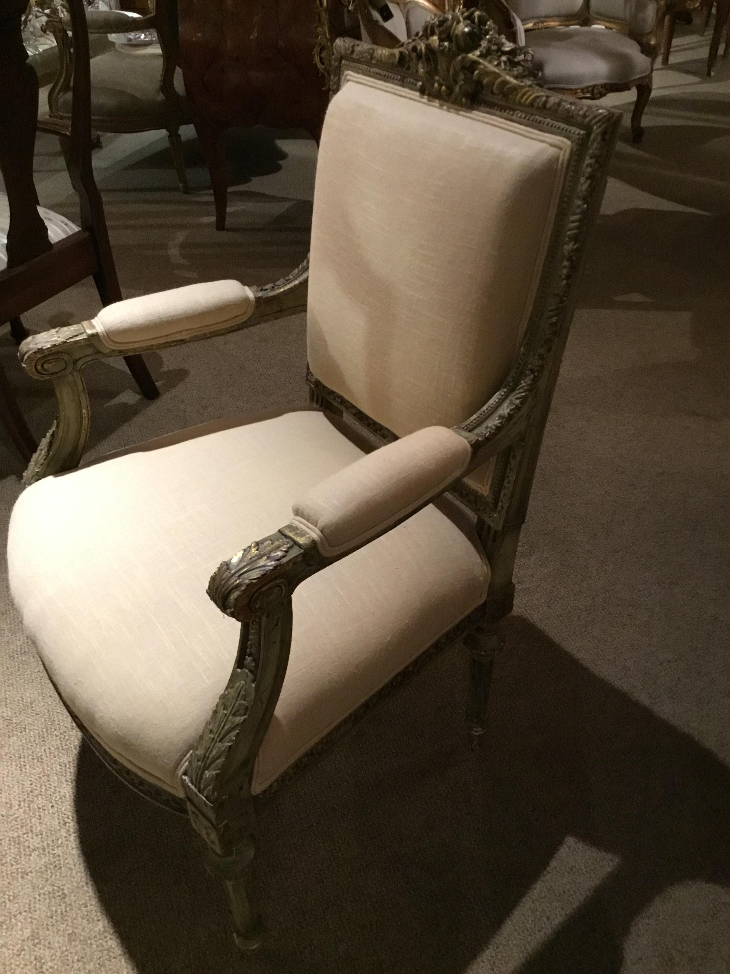 Polychromed Louis XVI-Style Sam Chair or Fauteuil, Parcel Paint with Gilt Highlights For Sale