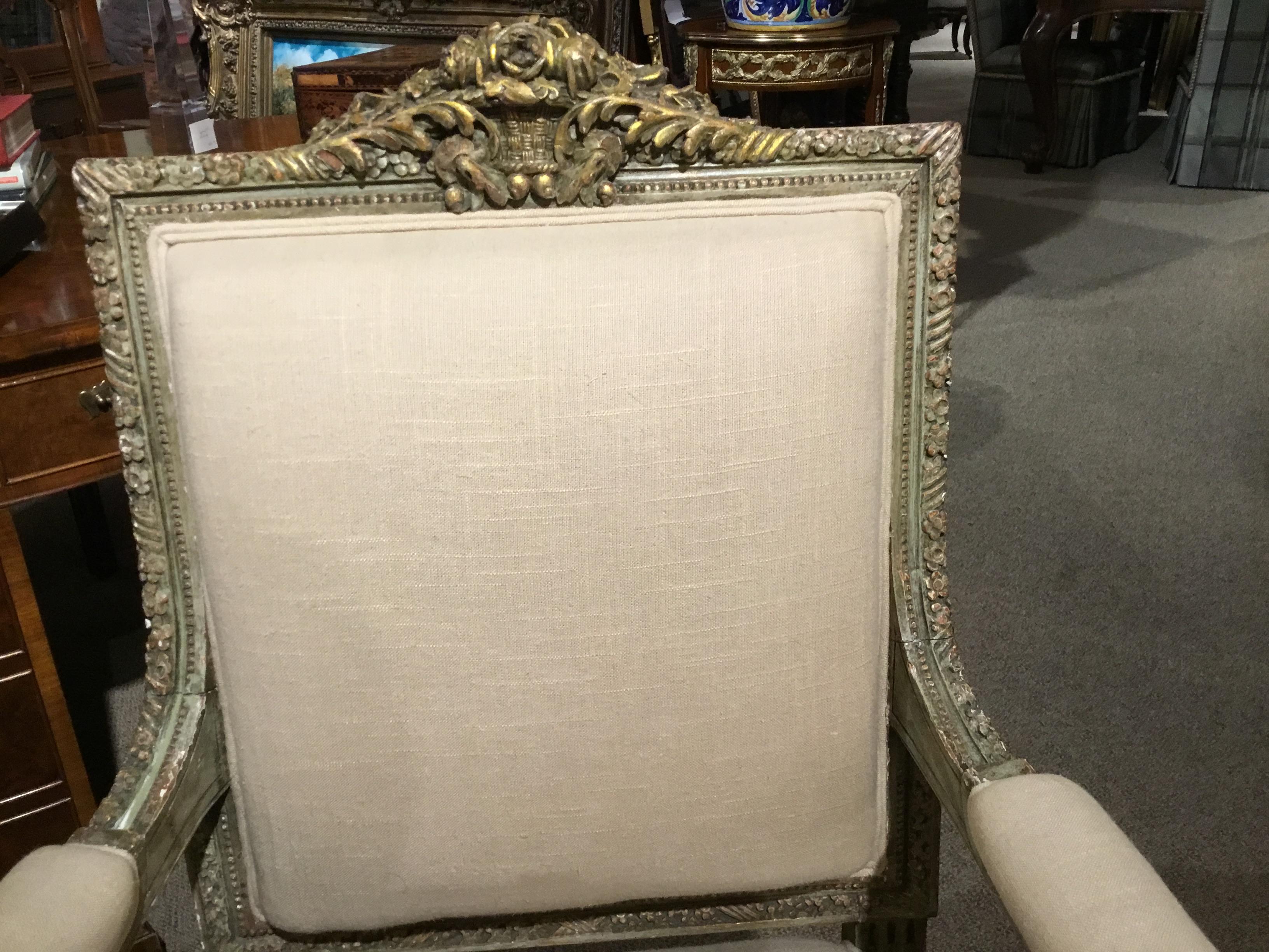 19th Century Louis XVI-Style Sam Chair or Fauteuil, Parcel Paint with Gilt Highlights For Sale