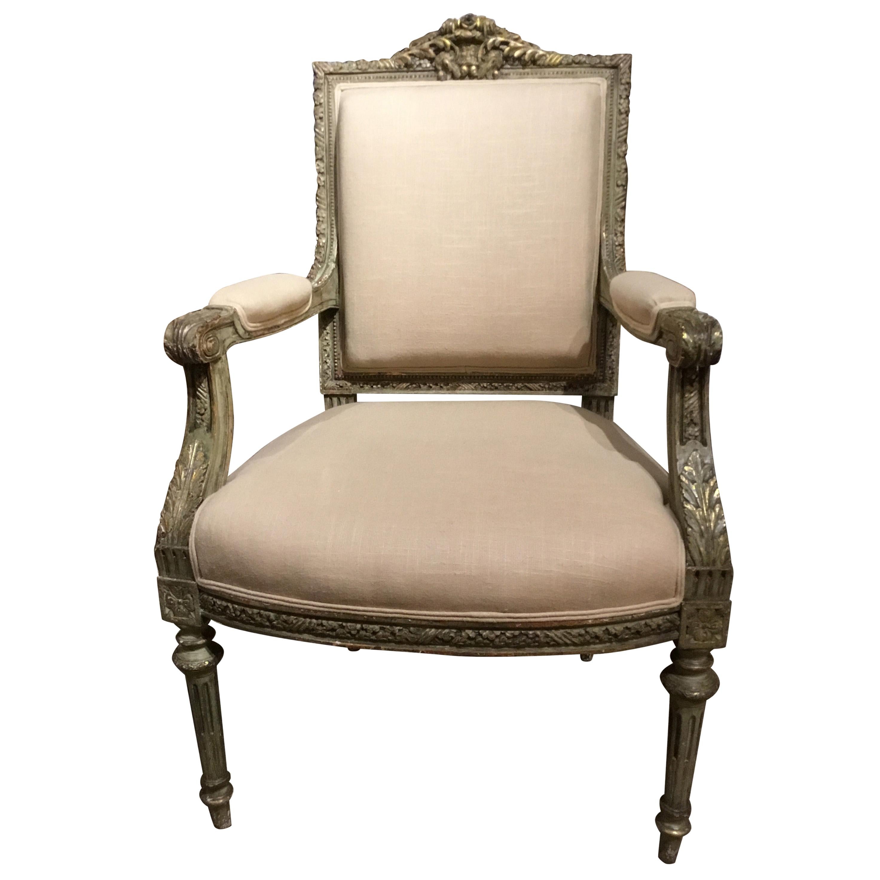 Louis XVI-Style Sam Chair or Fauteuil, Parcel Paint with Gilt Highlights For Sale