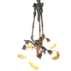 Louis XVI Style Scrolling Bronze Belle Époque Six-Light Chandelier w/ Shades