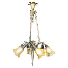 Louis XVI Style Scrolling Bronze Belle Époque Six-Light Chandelier w/ Shades