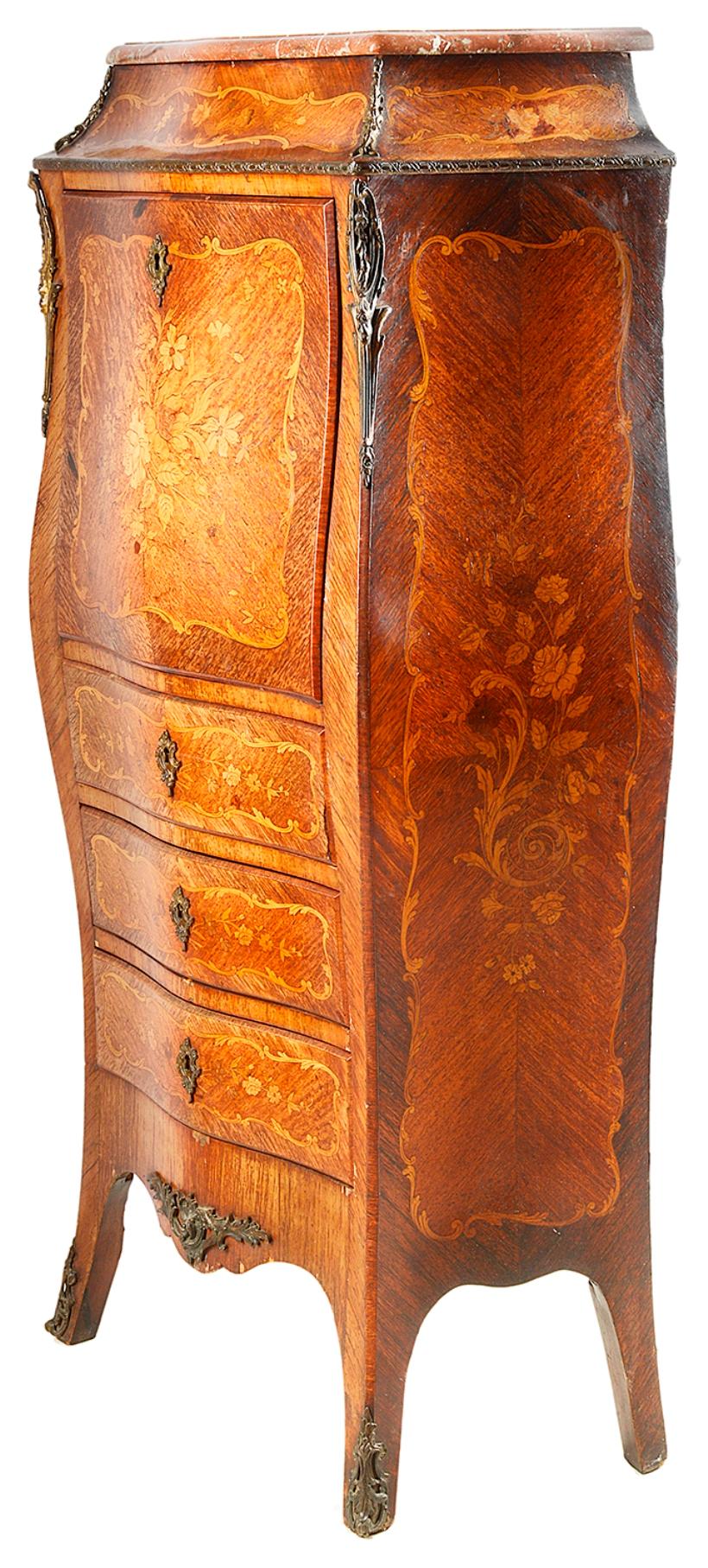 A good quality French 19th century marquetry inlaid secretair abbatant. Having a serpentine marble-top, a drop leaf section, opening to reveal a fitted interior, three serpentine fronted inlaid drawers with ormolu handles and raised on out swept