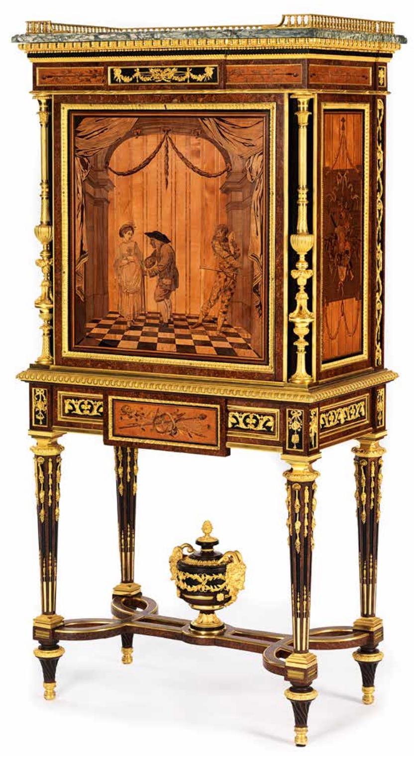 Secrétaire à abattant in stile Luigi XVI con intarsi dopo Roentgen.
Quercia, radica di thuya e impiallacciatura di legno di pero ebanizzato, intarsio di legno, bronzo dorato, marmo verde 