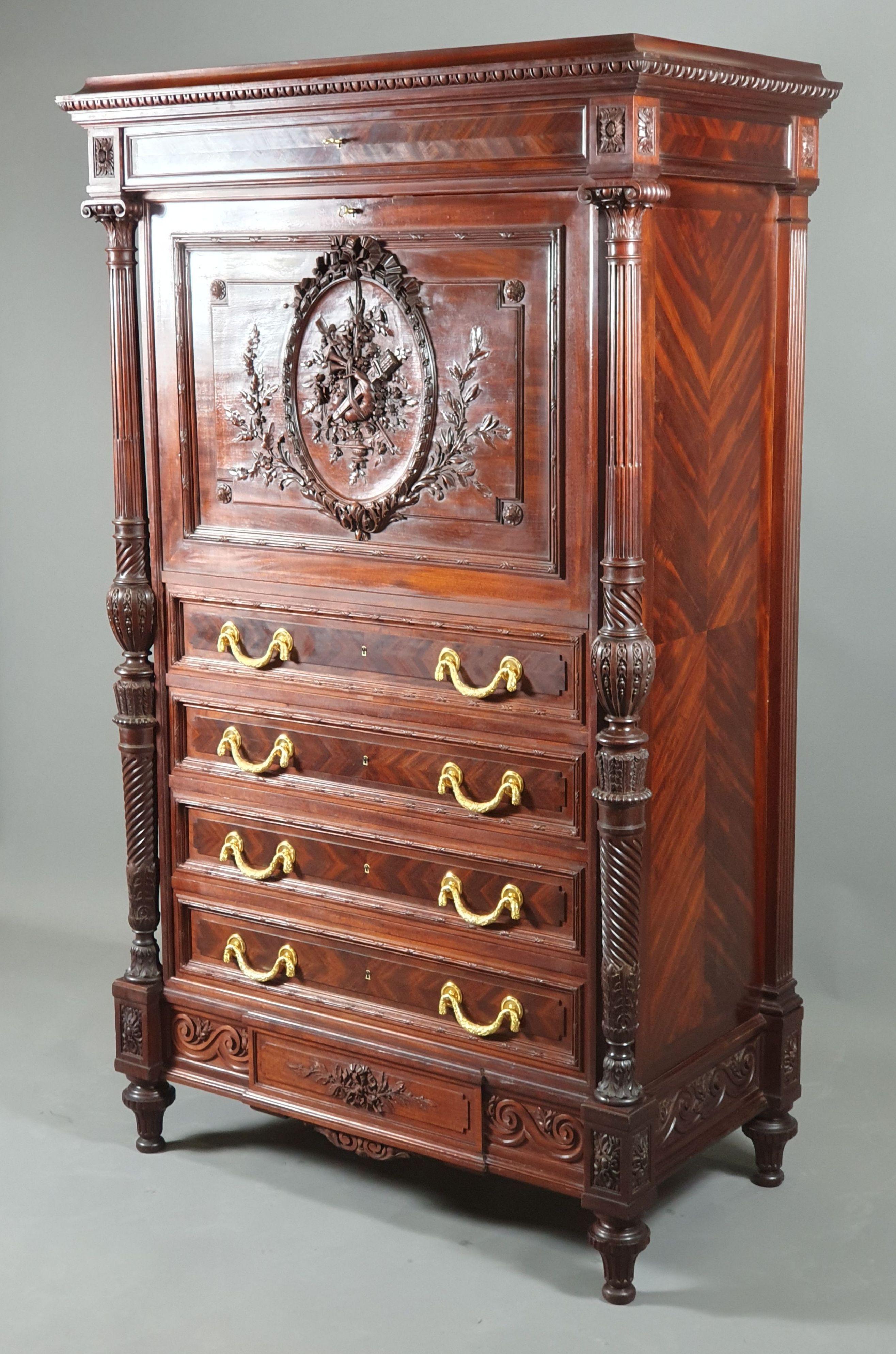 Carved Louis XVI Style Secretary Stamped Quignon in Paris For Sale