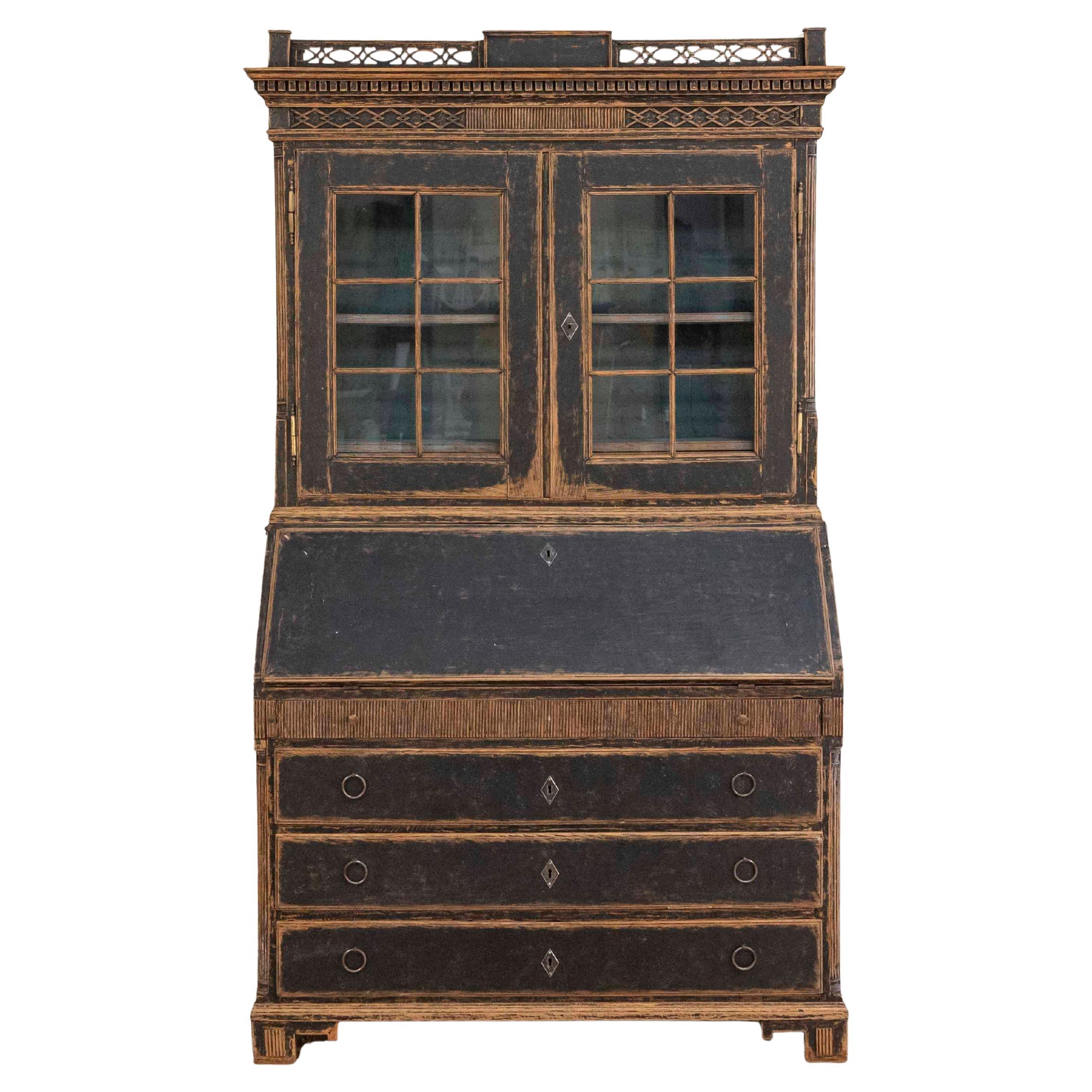 Louis XVI–Style Secretary with Glass Doors, Repainted Black, Blue Interior For Sale