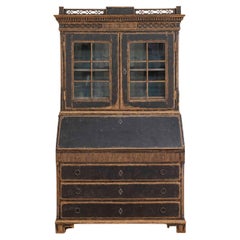 Louis XVI–Style Secretary with Glass Doors, Repainted Black, Blue Interior