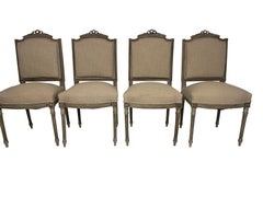 Vintage Louis XVI Style Set of Six Dining Chairs in Natural Linen Fabric 