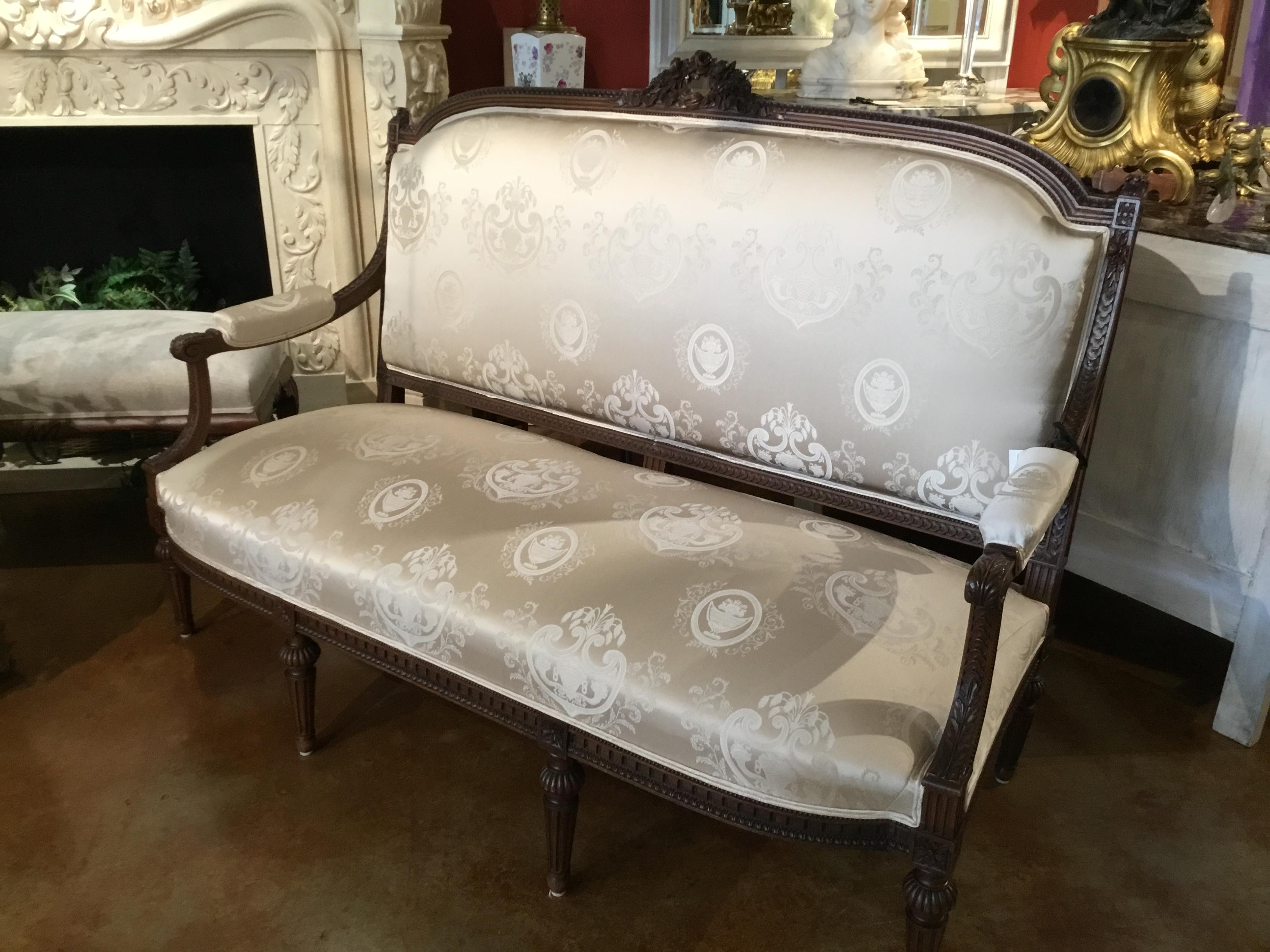 French Louis XVI Style Settee, 19th Century Walnut with New Upholstery For Sale