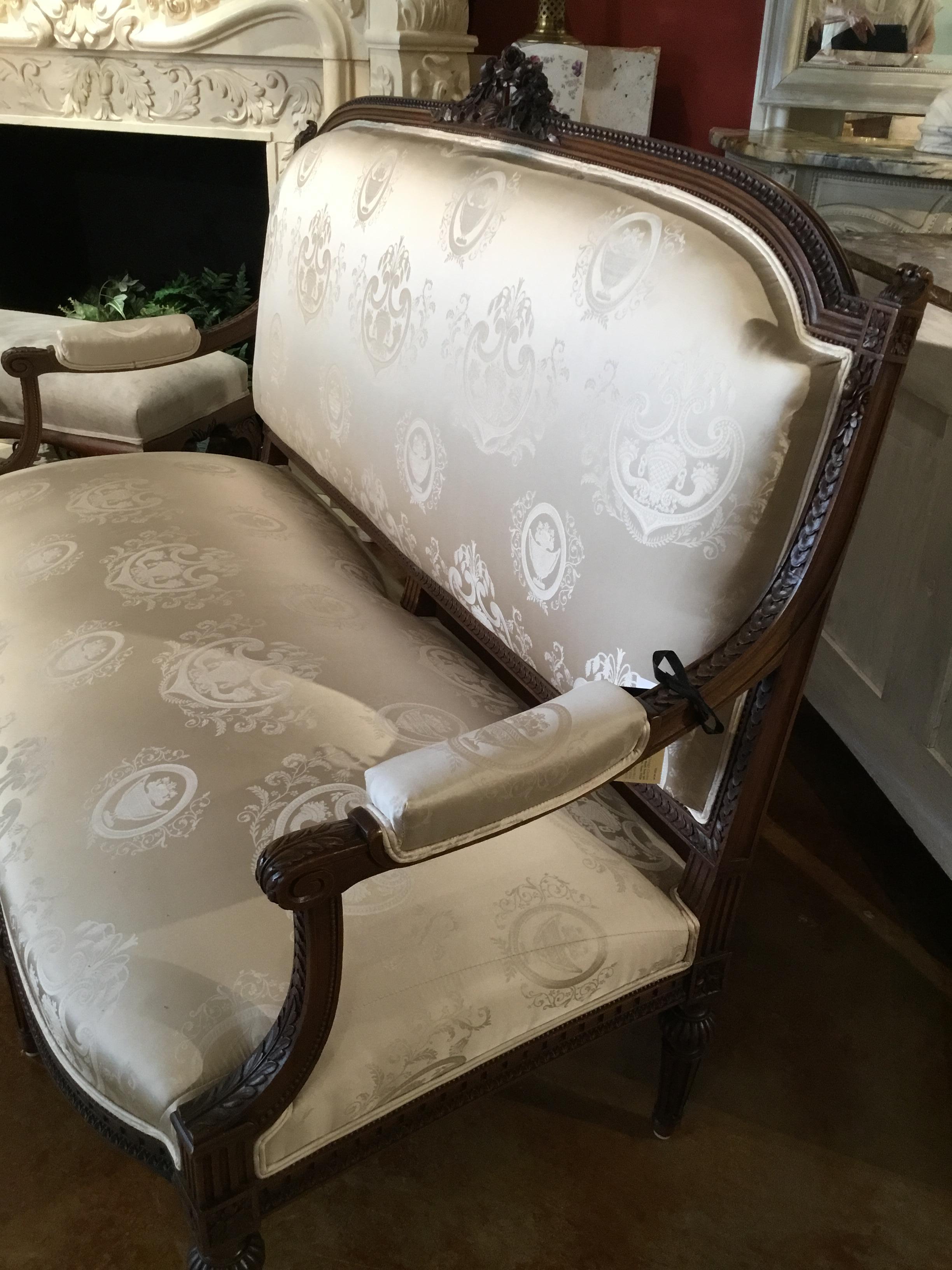 Louis XVI Style Settee, 19th Century Walnut with New Upholstery In Good Condition For Sale In Houston, TX
