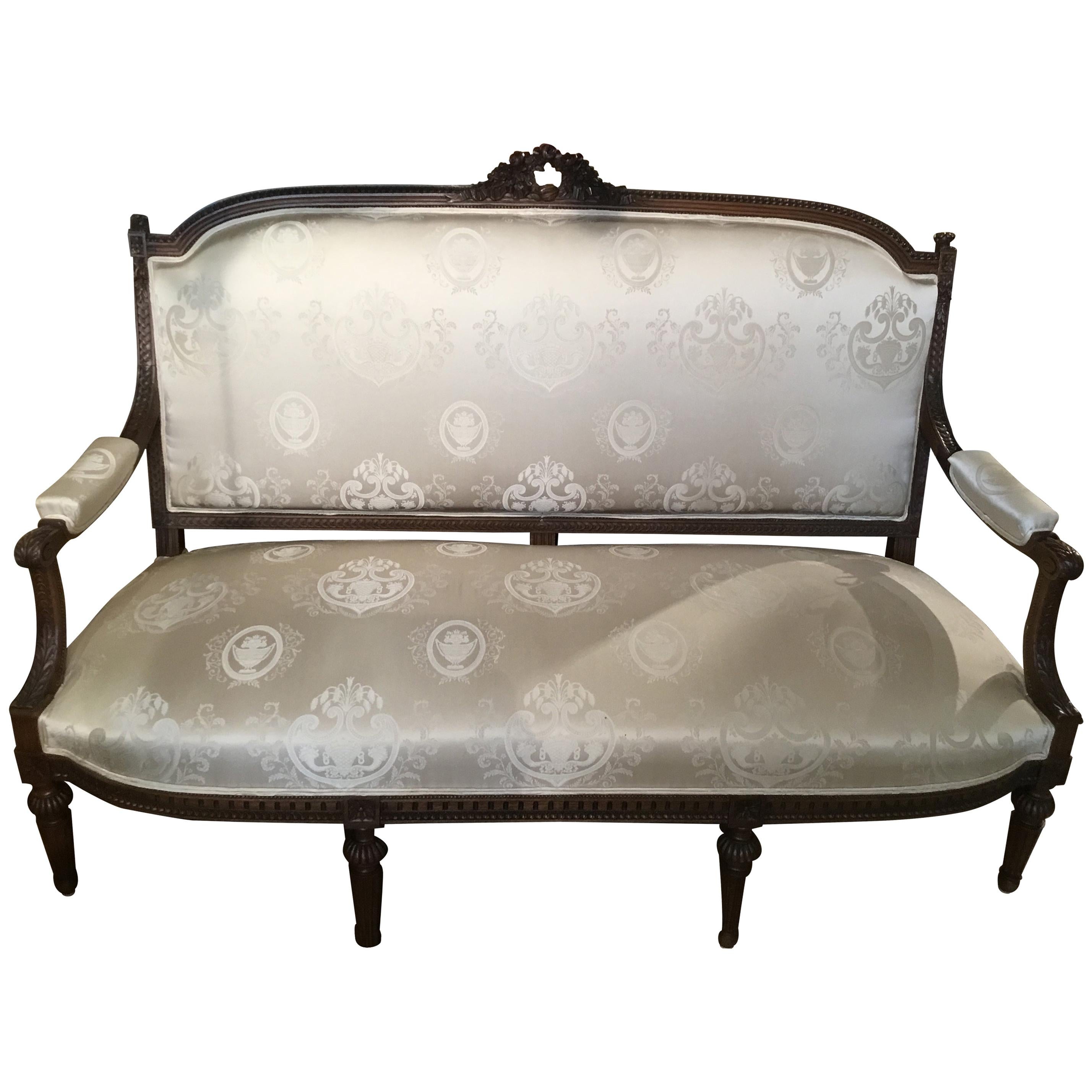 Louis XVI Style Settee, 19th Century Walnut with New Upholstery