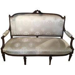 Antique Louis XVI Style Settee, 19th Century Walnut with New Upholstery