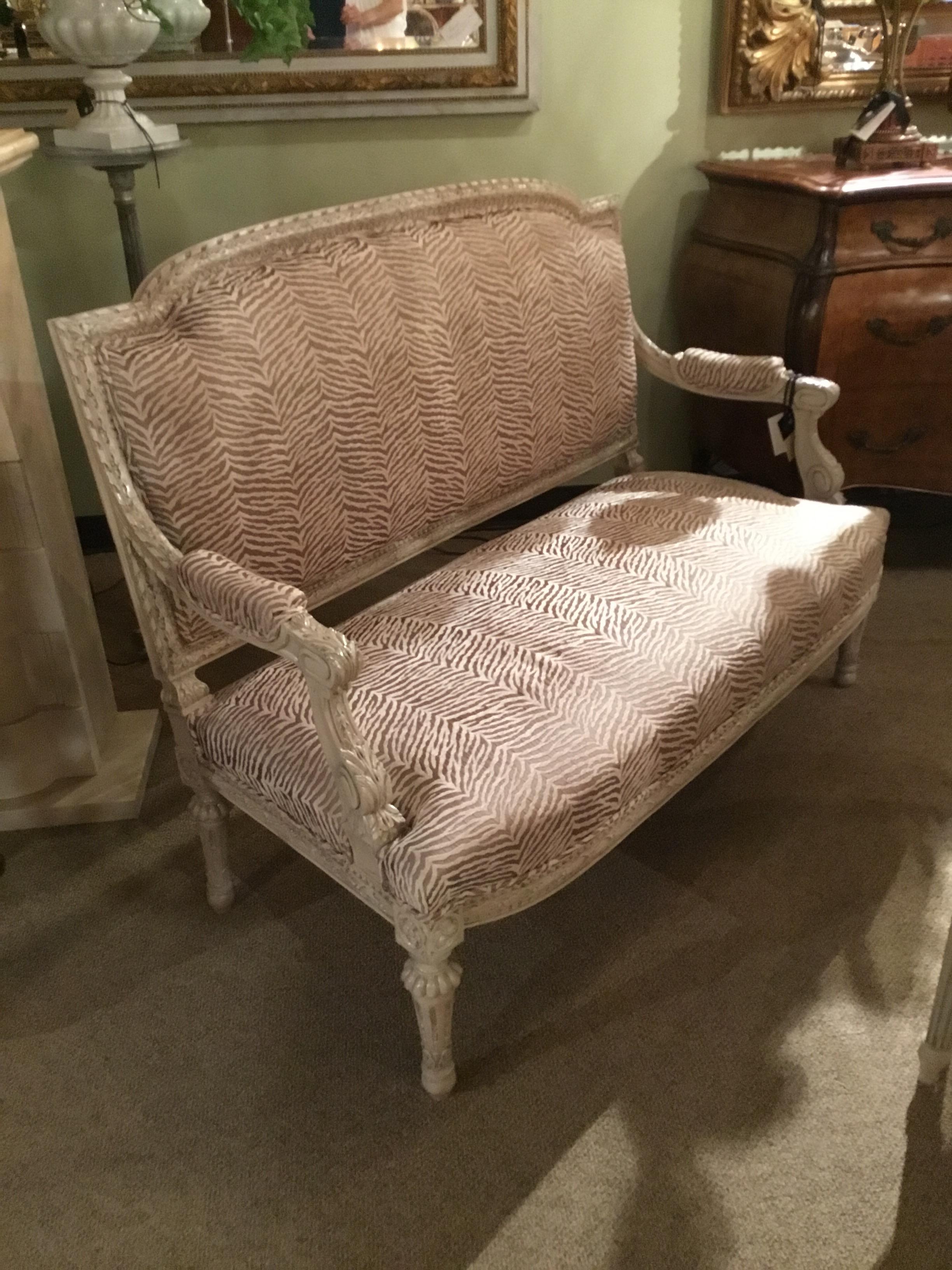 Louis XVI-Style Settee or Loveseat Polychromed with New Upholstery, 19th Century For Sale 6