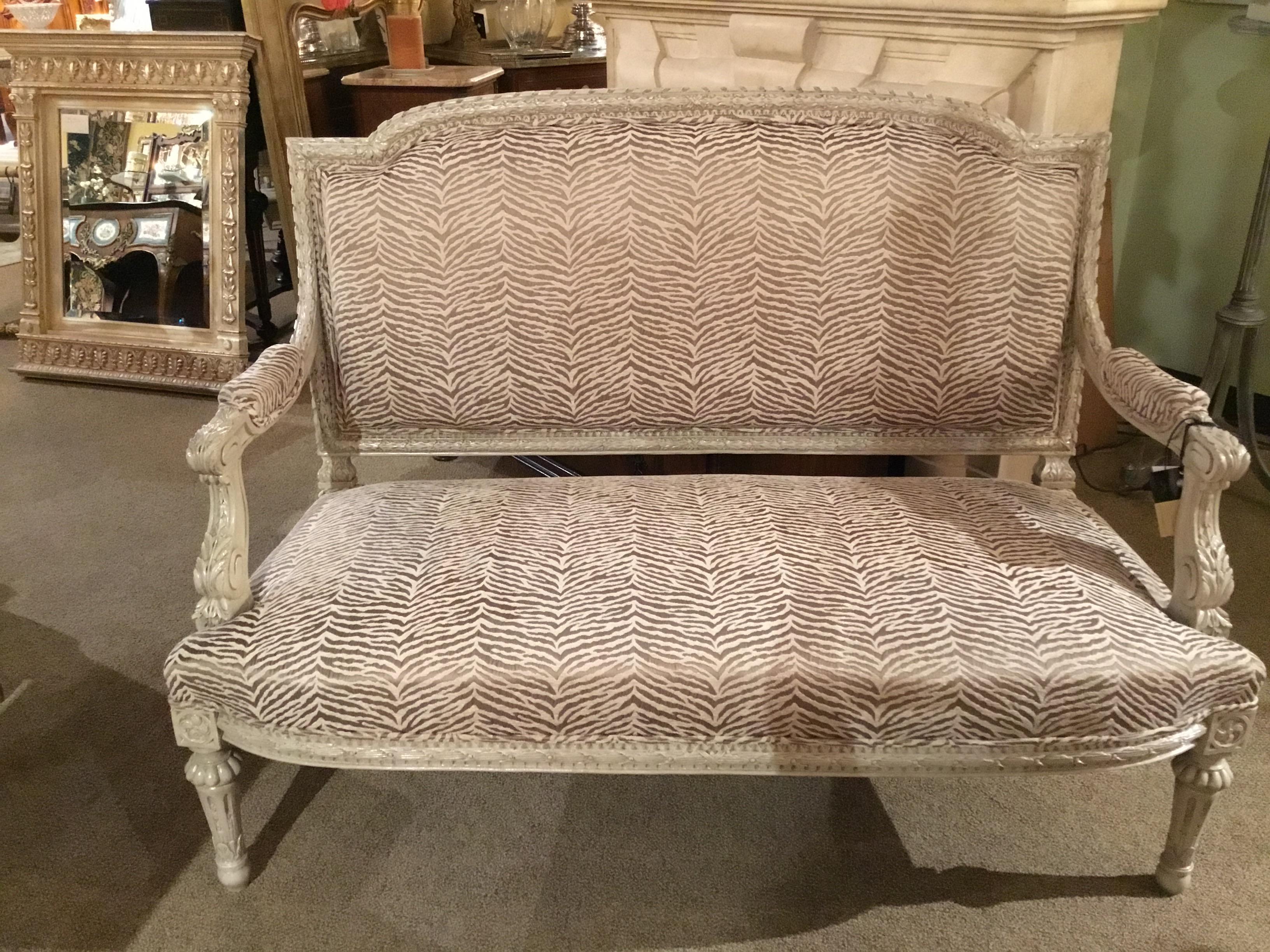 Louis XVI-Style Settee or Loveseat Polychromed with New Upholstery, 19th Century For Sale 10