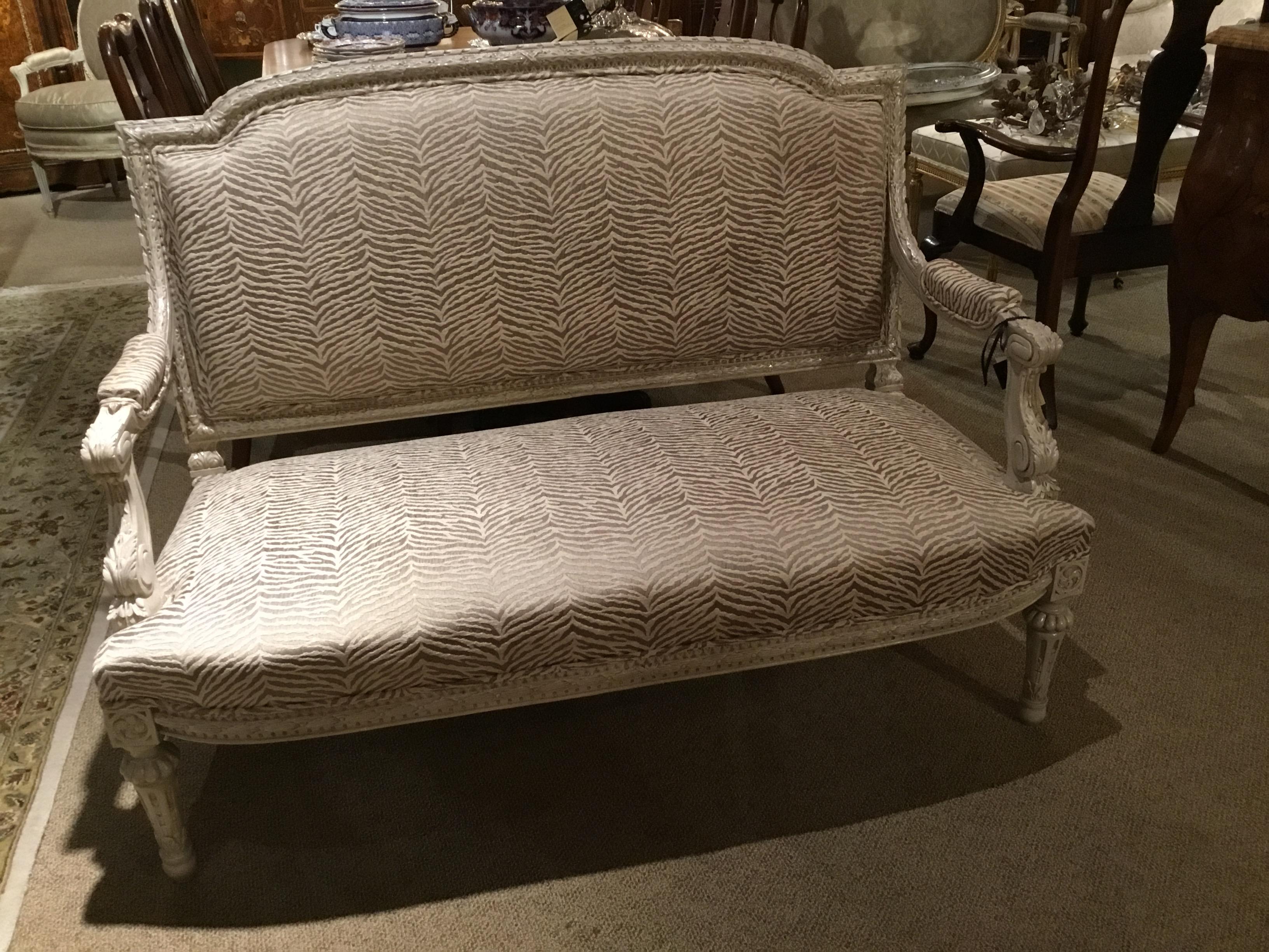 Louis XVI-Style Settee or Loveseat Polychromed with New Upholstery, 19th Century For Sale 1
