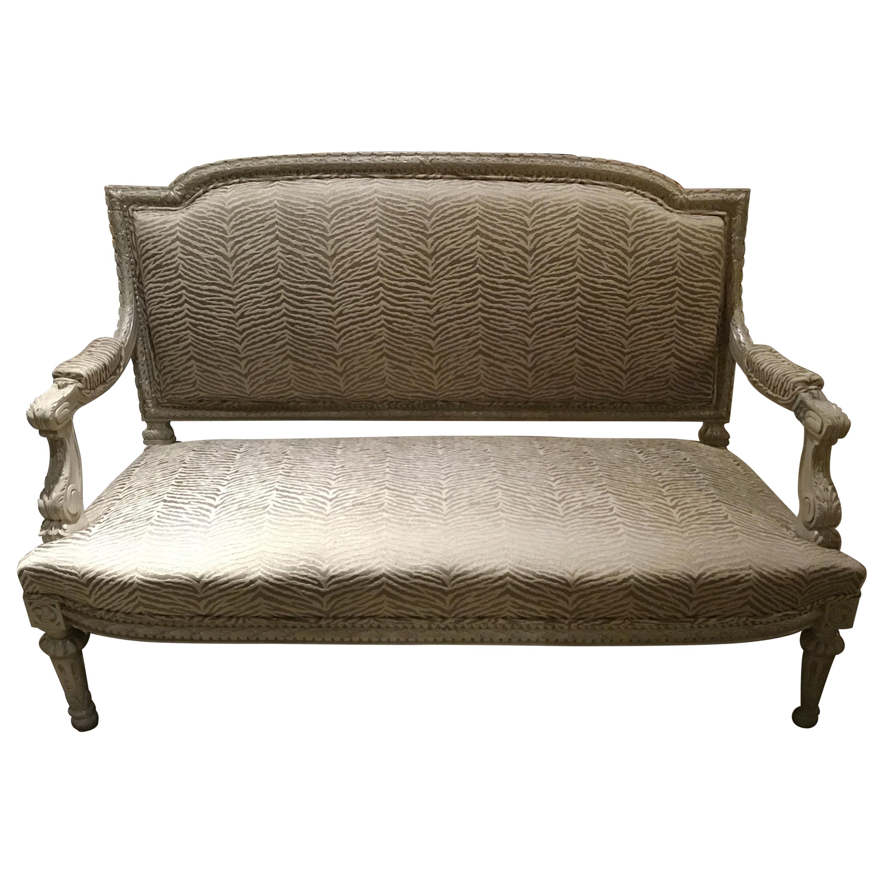 Louis XVI-Style Settee or Loveseat Polychromed with New Upholstery, 19th Century For Sale