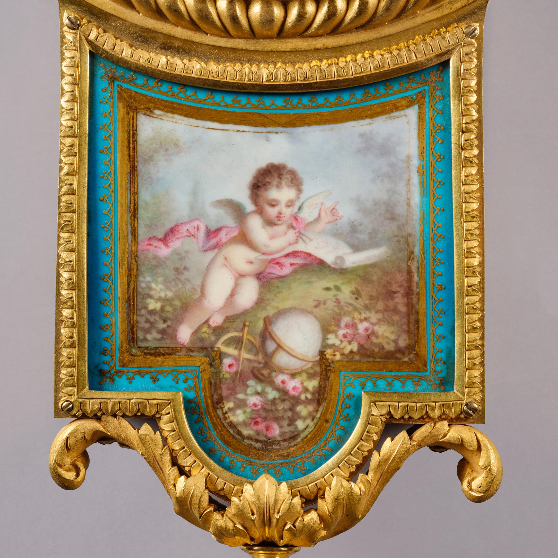 Gilt Louis XVI Style Sèvres Porcelain Mounted Cartel Clock and Barometer Set For Sale