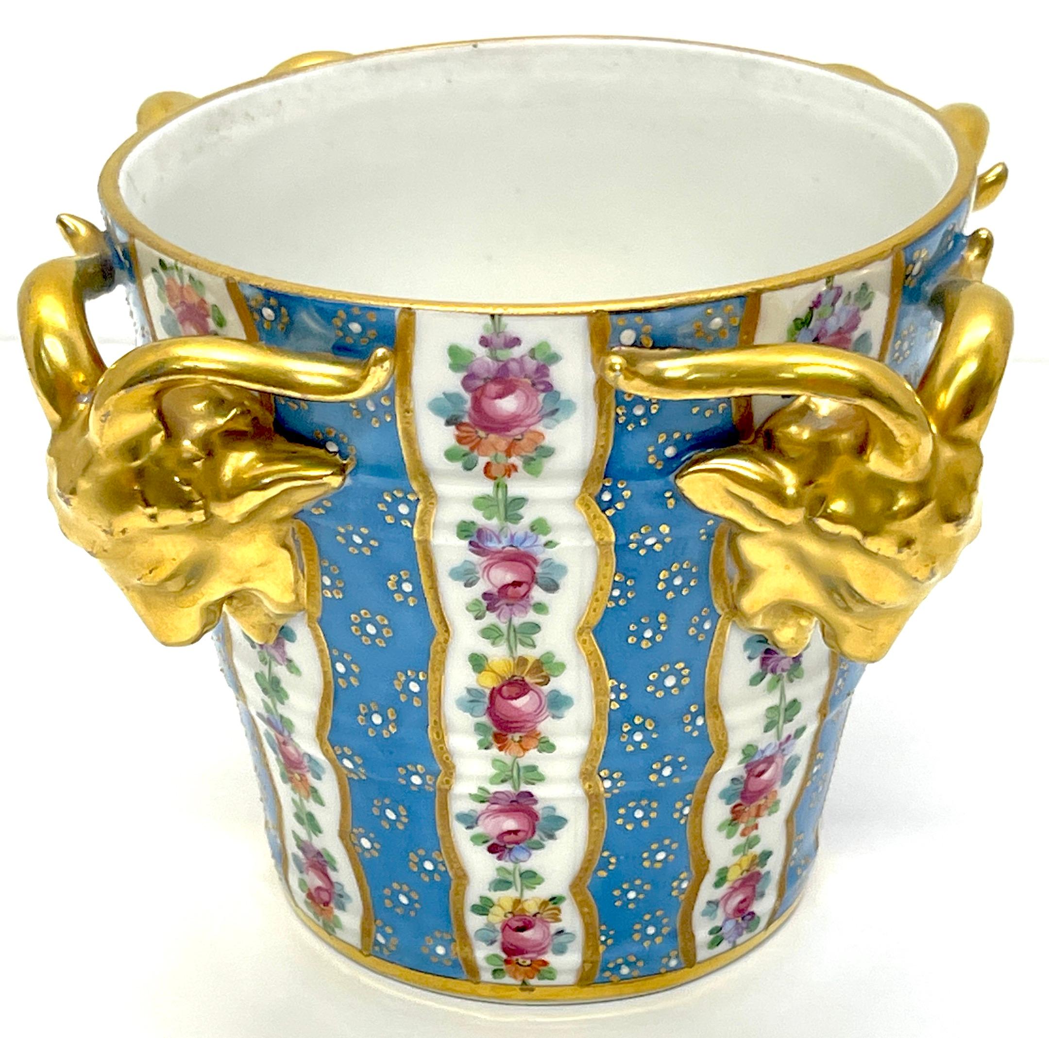 Louis XVI Style Sèvres Style Ram Motif Flower Pot Cache Pot, Carl Thieme Dresden
Dresden, circa 1900s
The Louis XVI style Sèvres style ram motif flower pot cache pot is a remarkable piece executed in the elegant Louis XVI style reminiscent of Sèvres