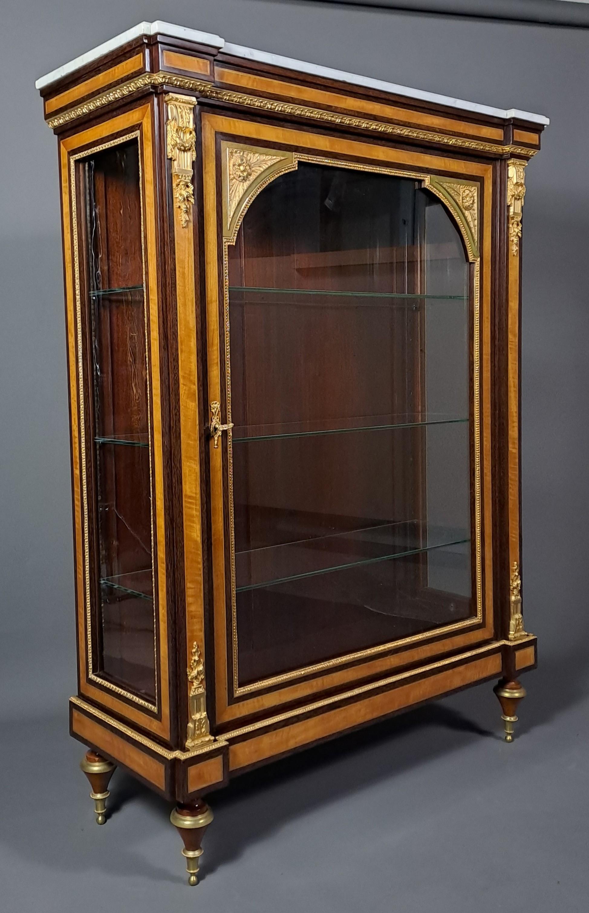 French Louis XVI Style Showcase In Marquetry And Gilt Bronze For Sale