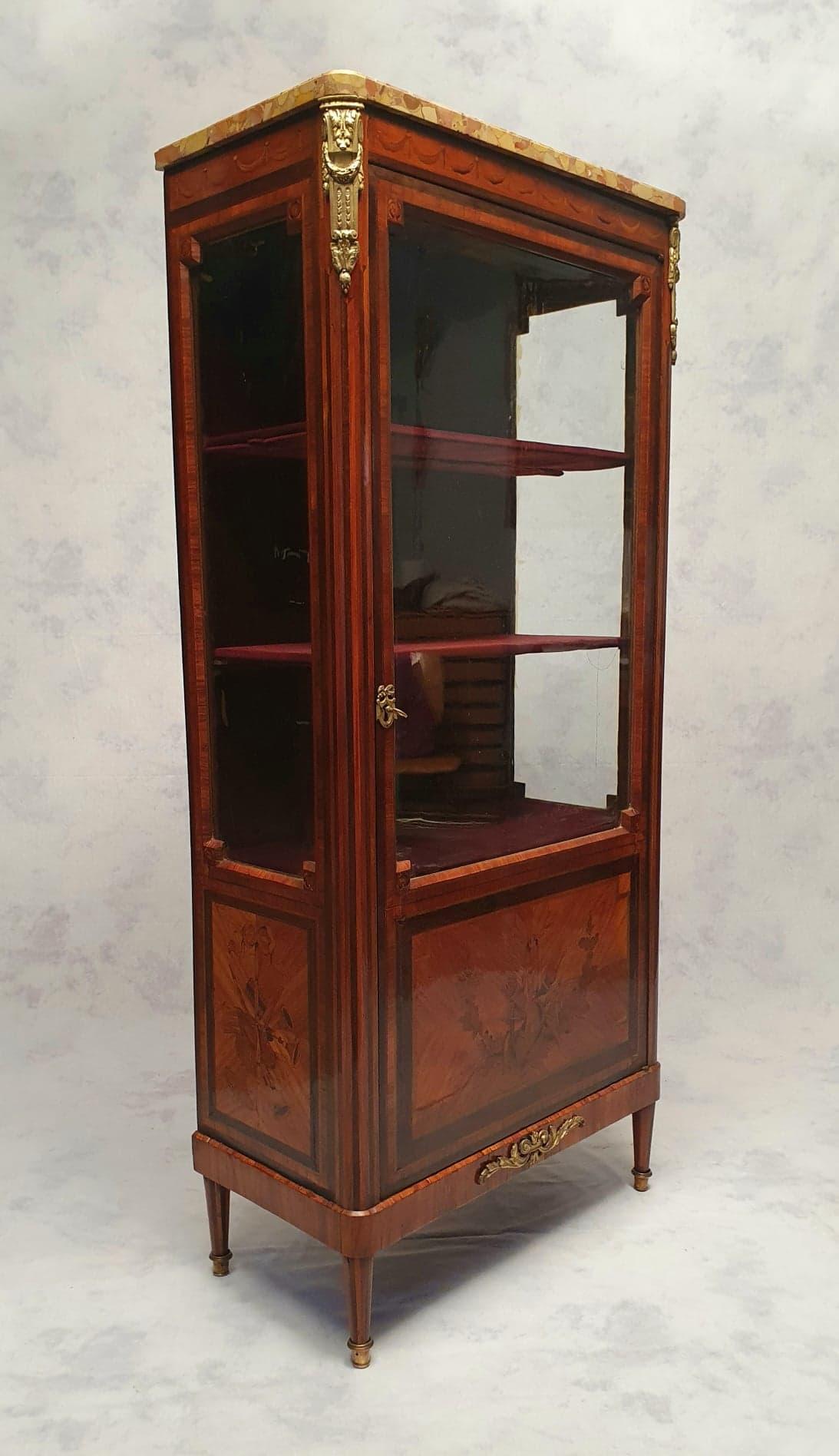 French Louis XVI Style Showcase, Marquetry, Amaranth & Rosewood, 19th For Sale
