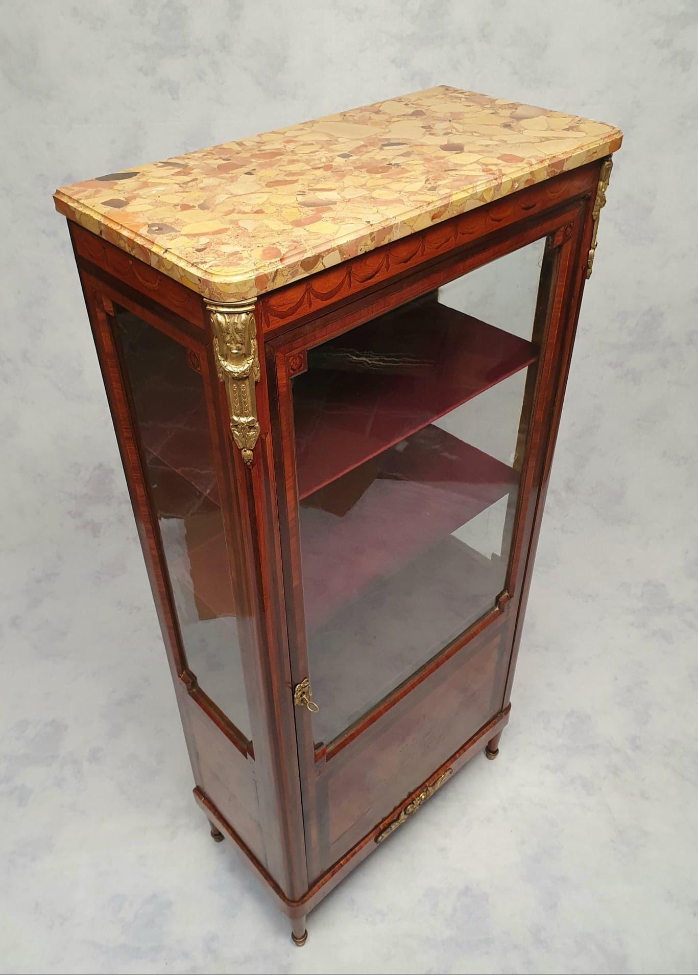 Inlay Louis XVI Style Showcase, Marquetry, Amaranth & Rosewood, 19th For Sale
