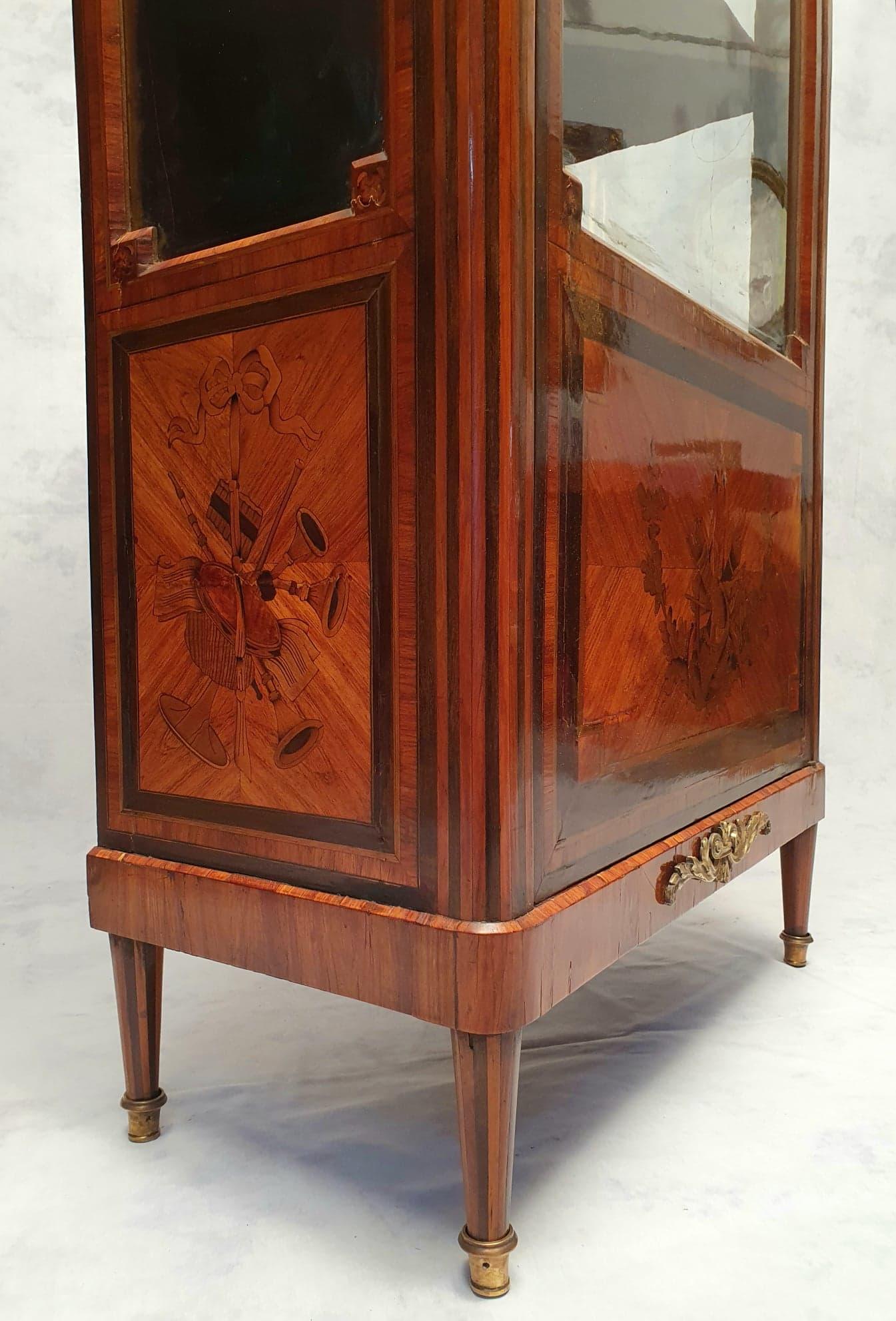 Marble Louis XVI Style Showcase, Marquetry, Amaranth & Rosewood, 19th For Sale