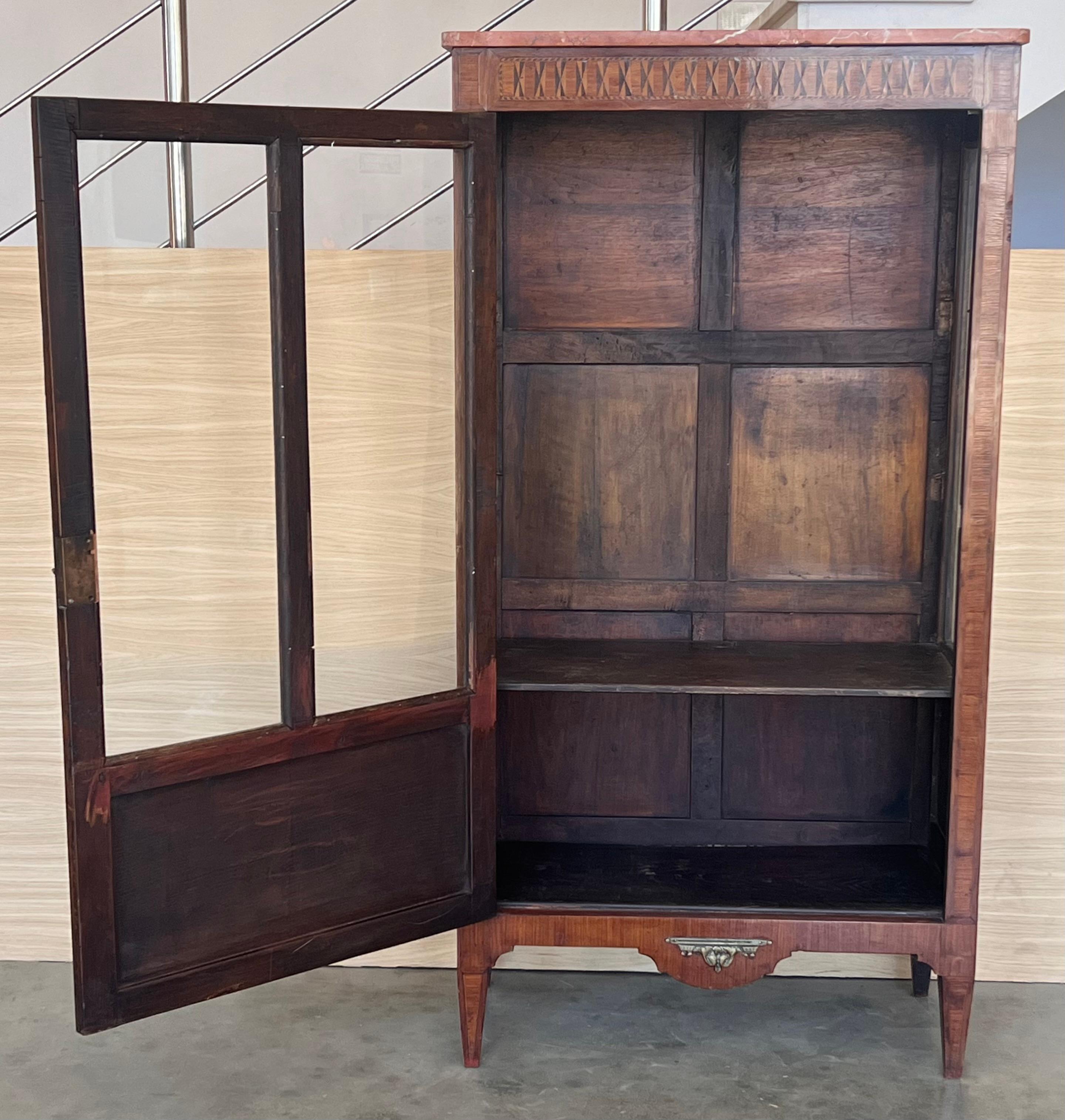 French Provincial Louis XVI Style Showcase Vitrine in Walnut with Geometrical Marquetry For Sale