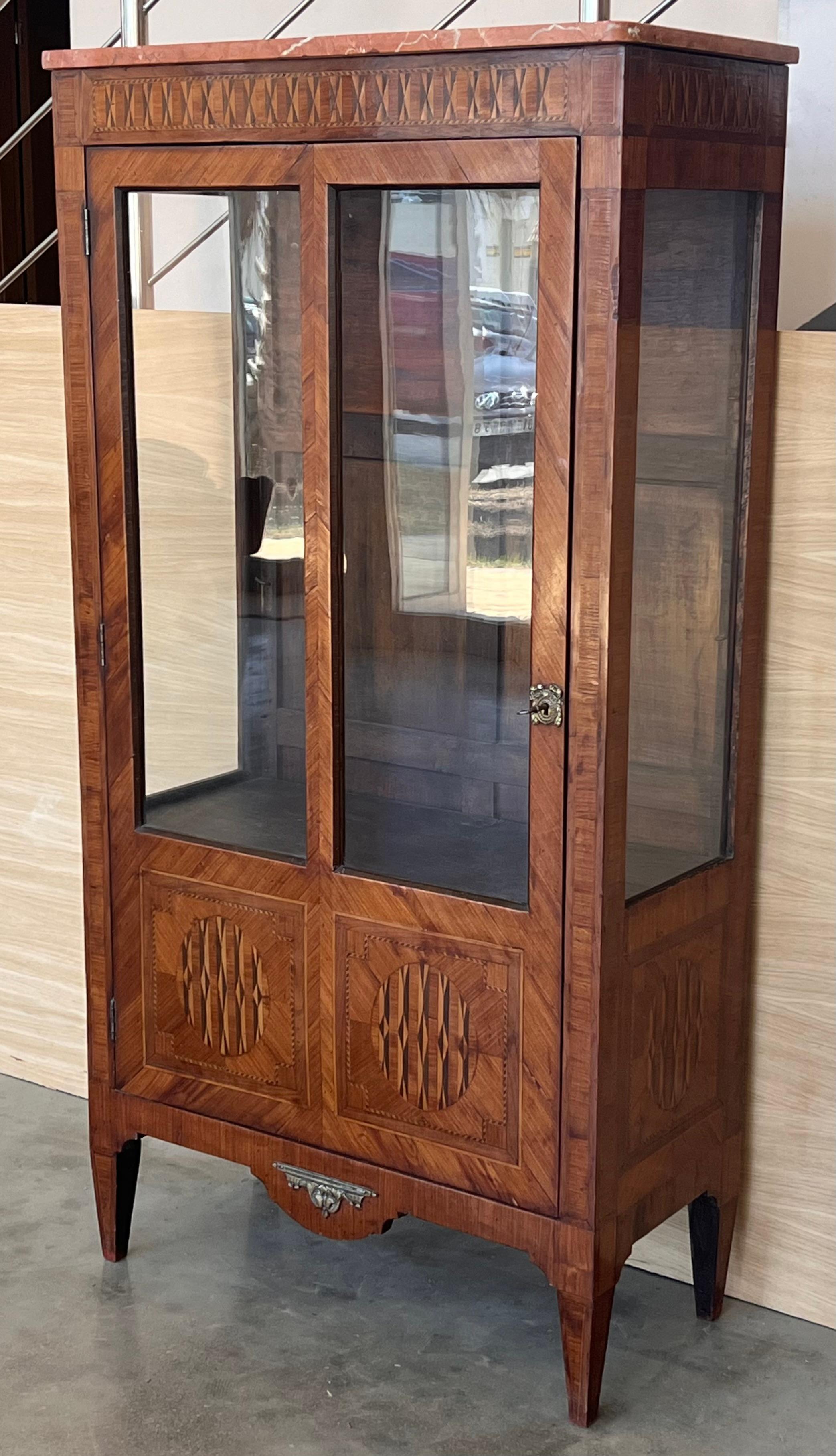 19th Century Louis XVI Style Showcase Vitrine in Walnut with Geometrical Marquetry For Sale