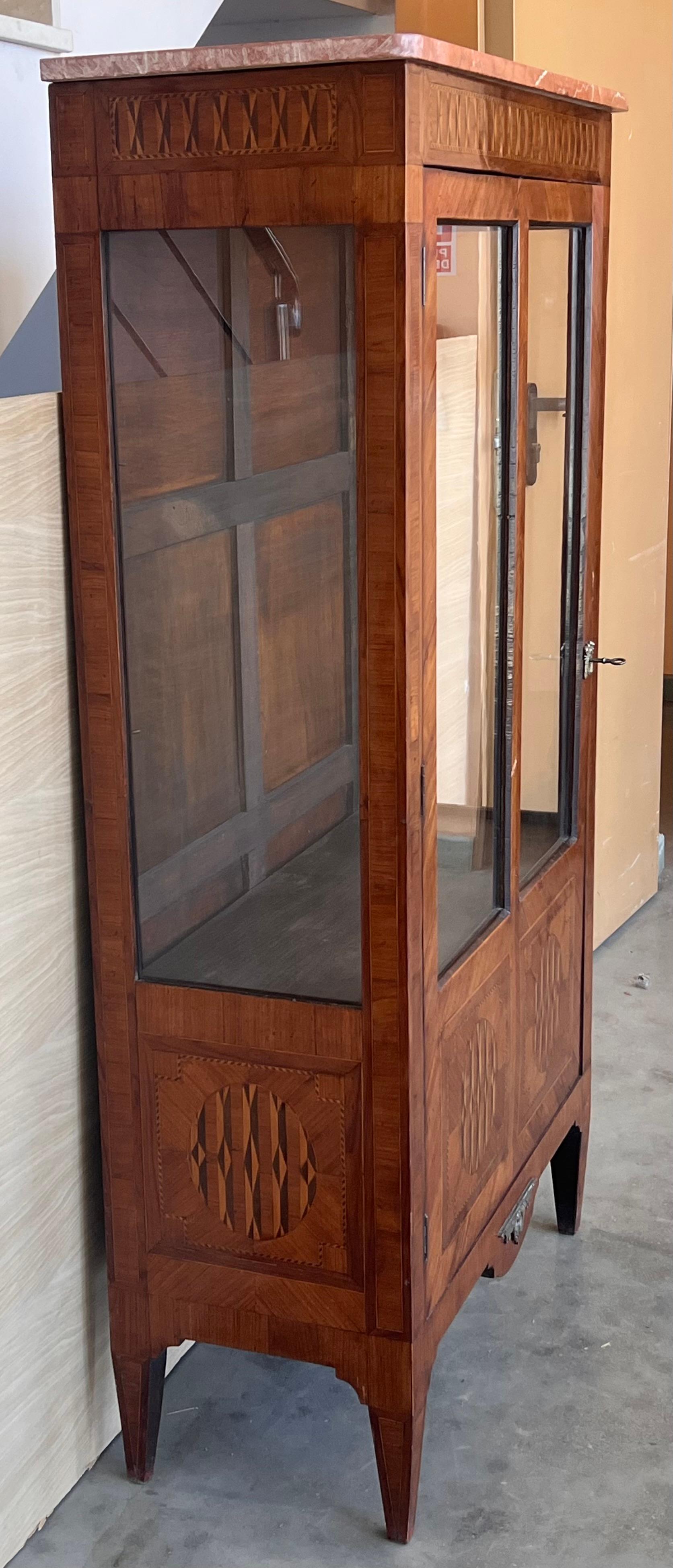 Louis XVI Style Showcase Vitrine in Walnut with Geometrical Marquetry For Sale 1