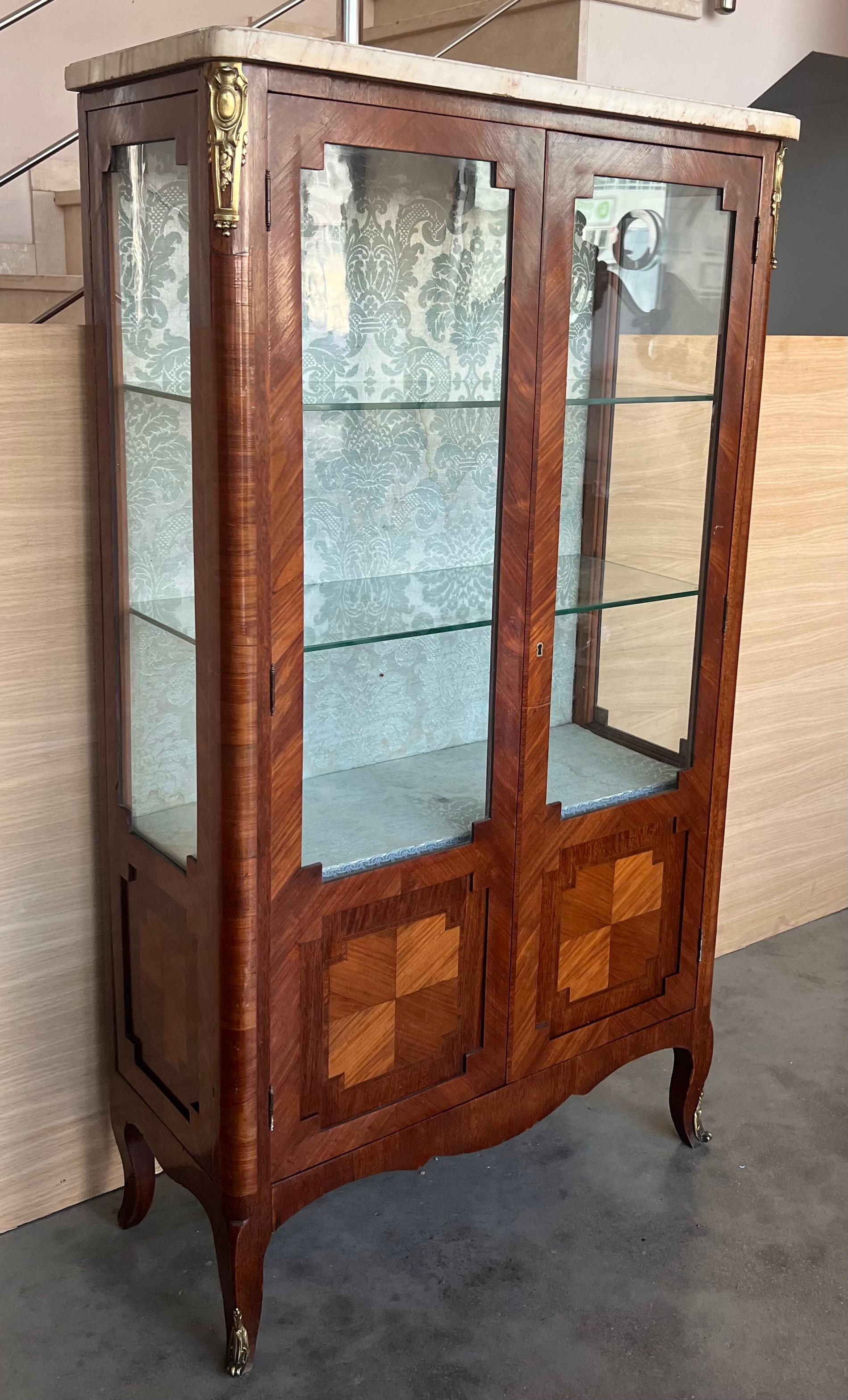 Louis XVI Style Showcase Vitrine in Walnut with Geometrical Marquetry For Sale 3