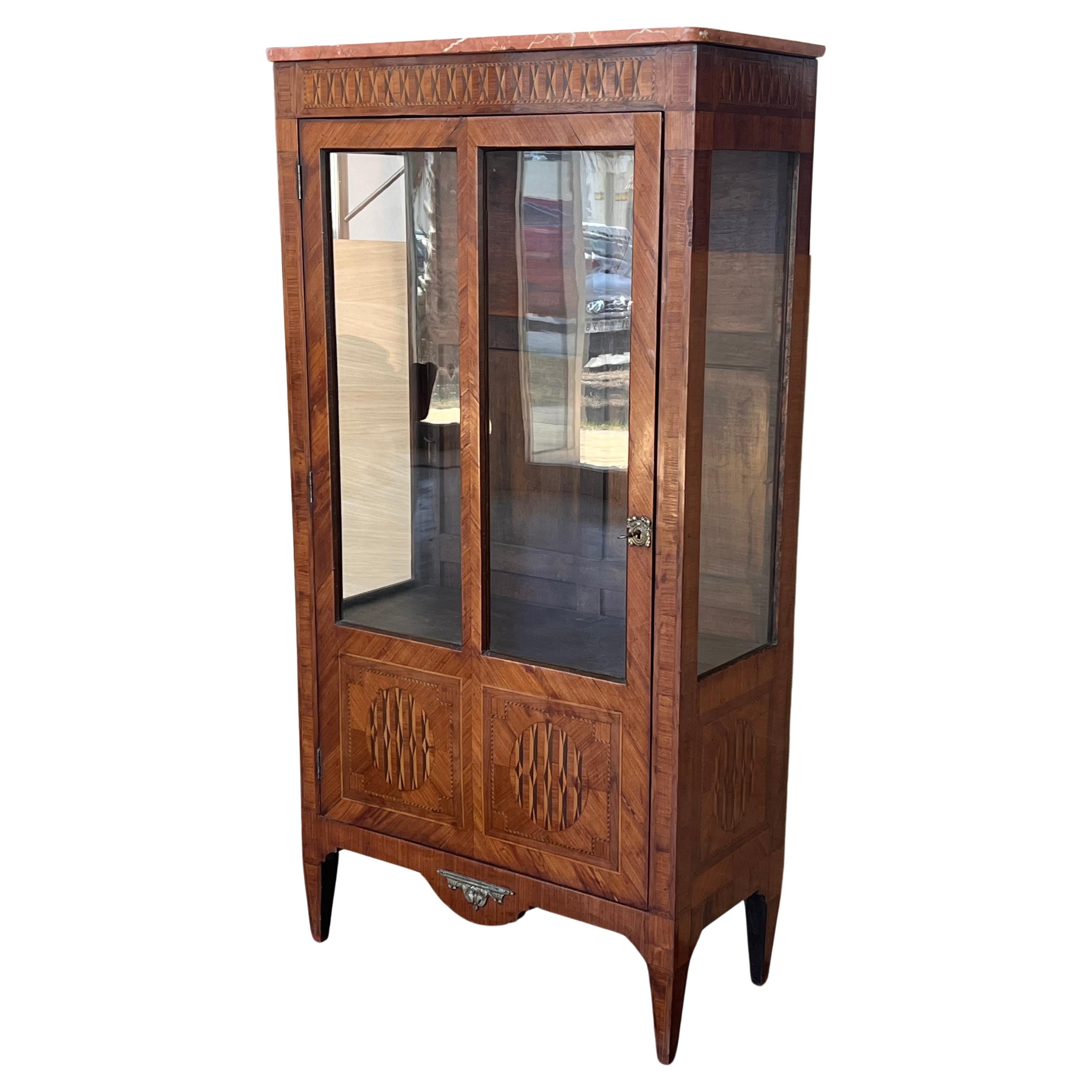 Louis XVI Style Showcase Vitrine in Walnut with Geometrical Marquetry For Sale