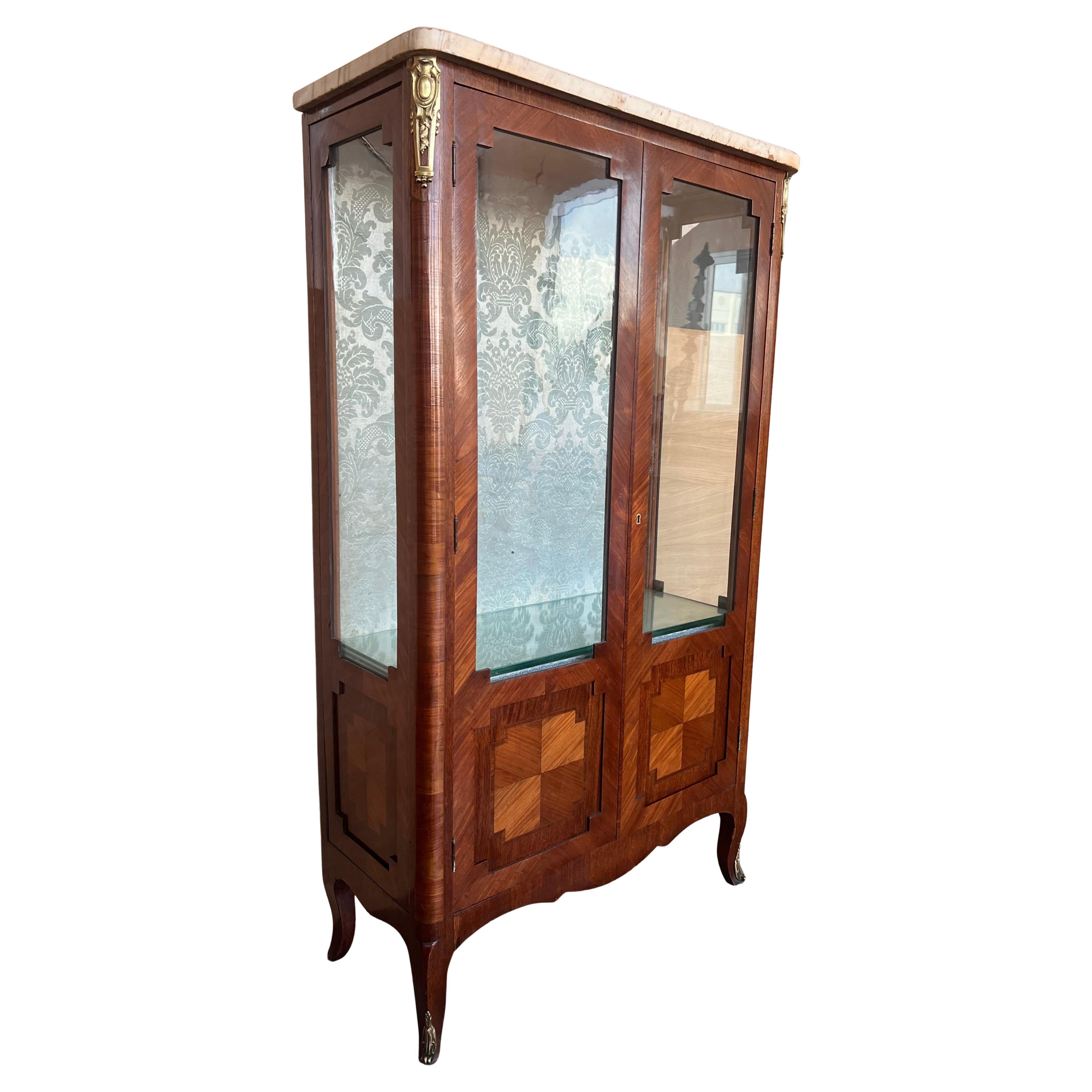 Louis XVI Style Showcase Vitrine in Walnut with Geometrical Marquetry For Sale