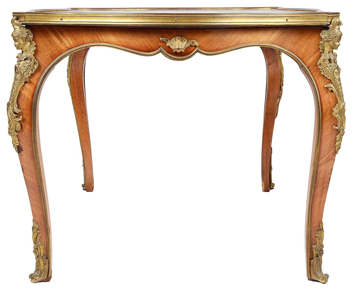 A good quality French Louis XVI style kingwood coffee table, having a quartered veneered top, ormolu mounts and raised on elegant cabriole legs.