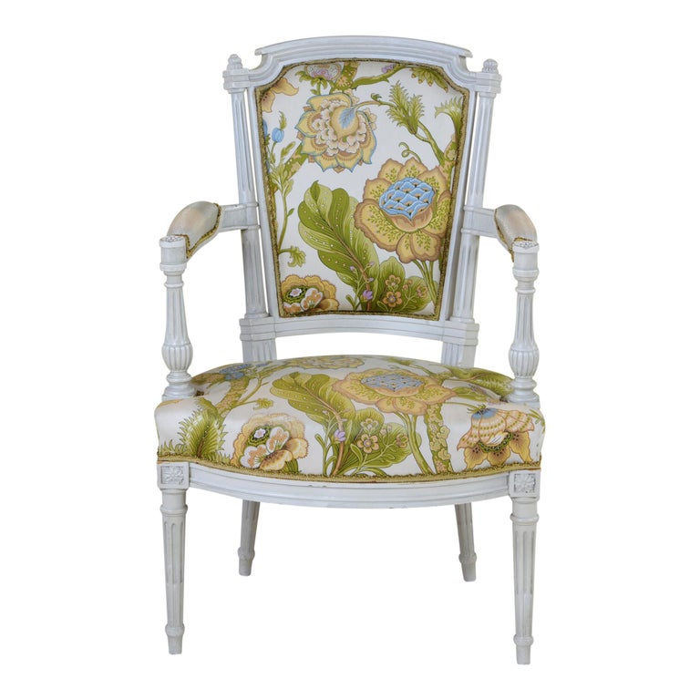 Louis Xvi Style Side Armchair With Large Graphic Floral Print White Background For Sale At 1stdibs