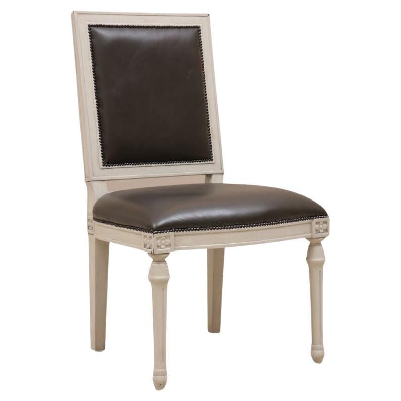 Louis XVI Style Side Chair with Chocolate Brown Leather For Sale