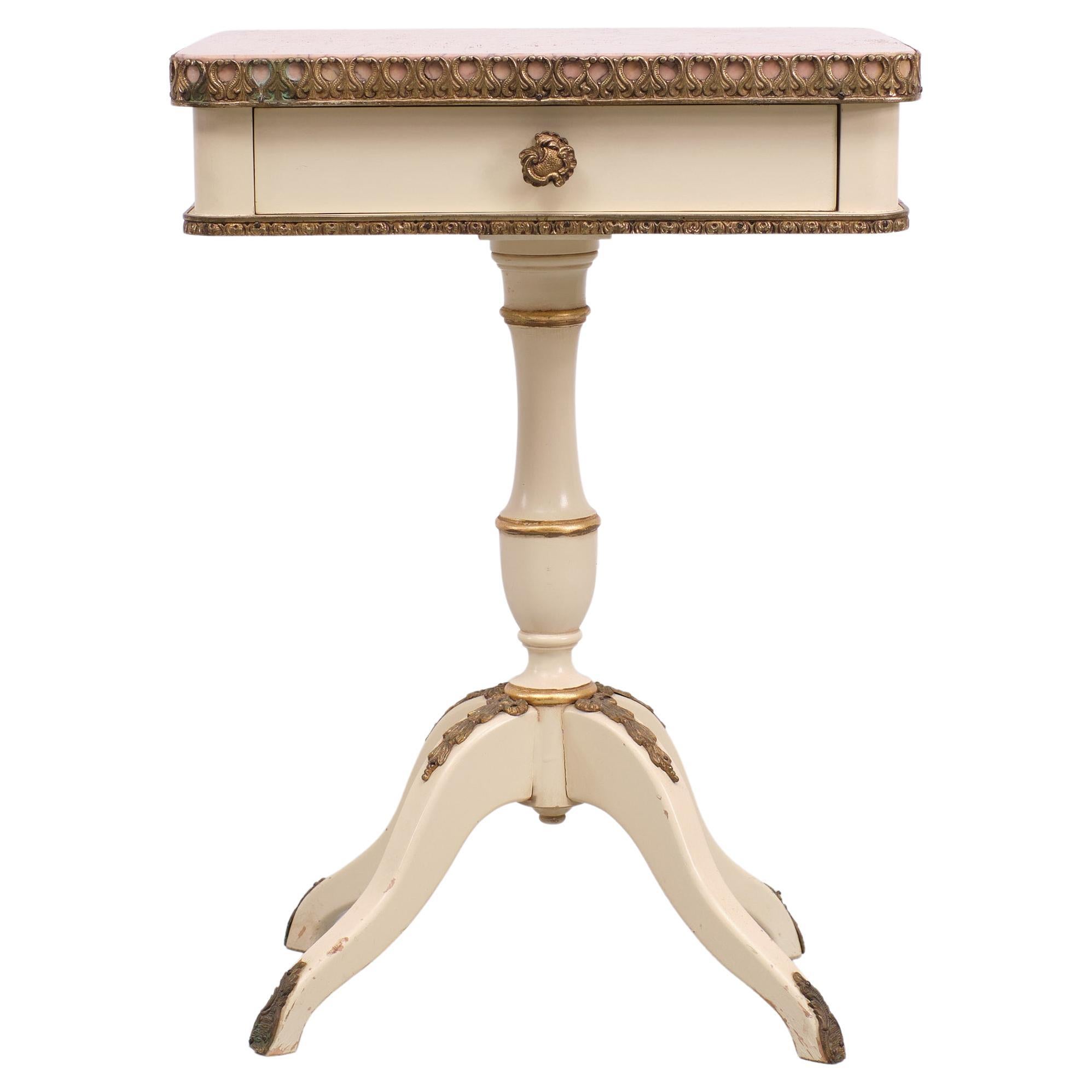 Very nice France Louis XV style side Table. Pink Marble top.
Bronze details. Creme color. 1 drawer. Good quality.