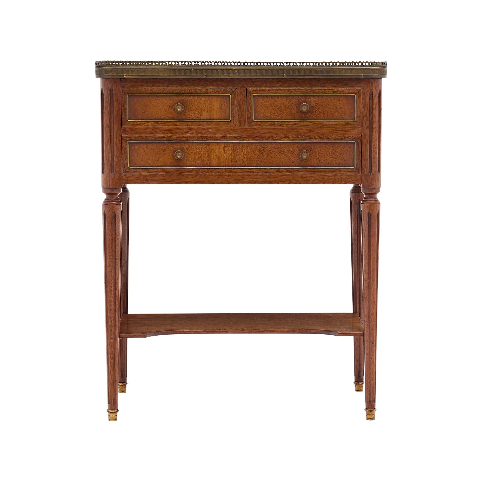 Louis XVI Style Side Table with Carrara Marble Top and Brass Trim For Sale