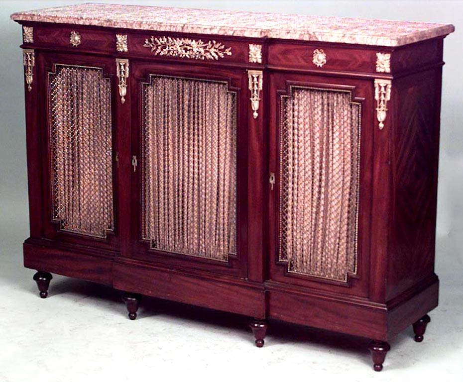 French Louis XVI-style (19th Century) mahogany and bronze trimmed sideboard cabinet with 3 grill door and marble top. (signed VTOR RAULIN)
