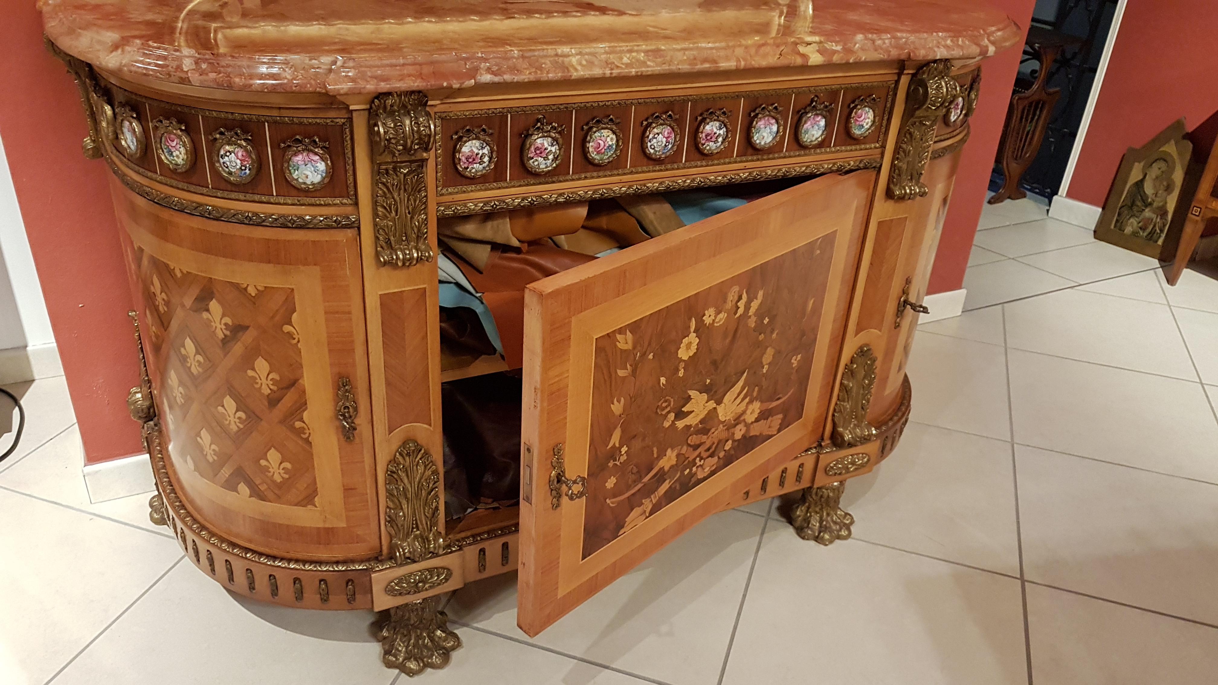 Mid-20th Century Sideboard curved in Louis XVI style with marble top richly inlaid from the 1950s For Sale
