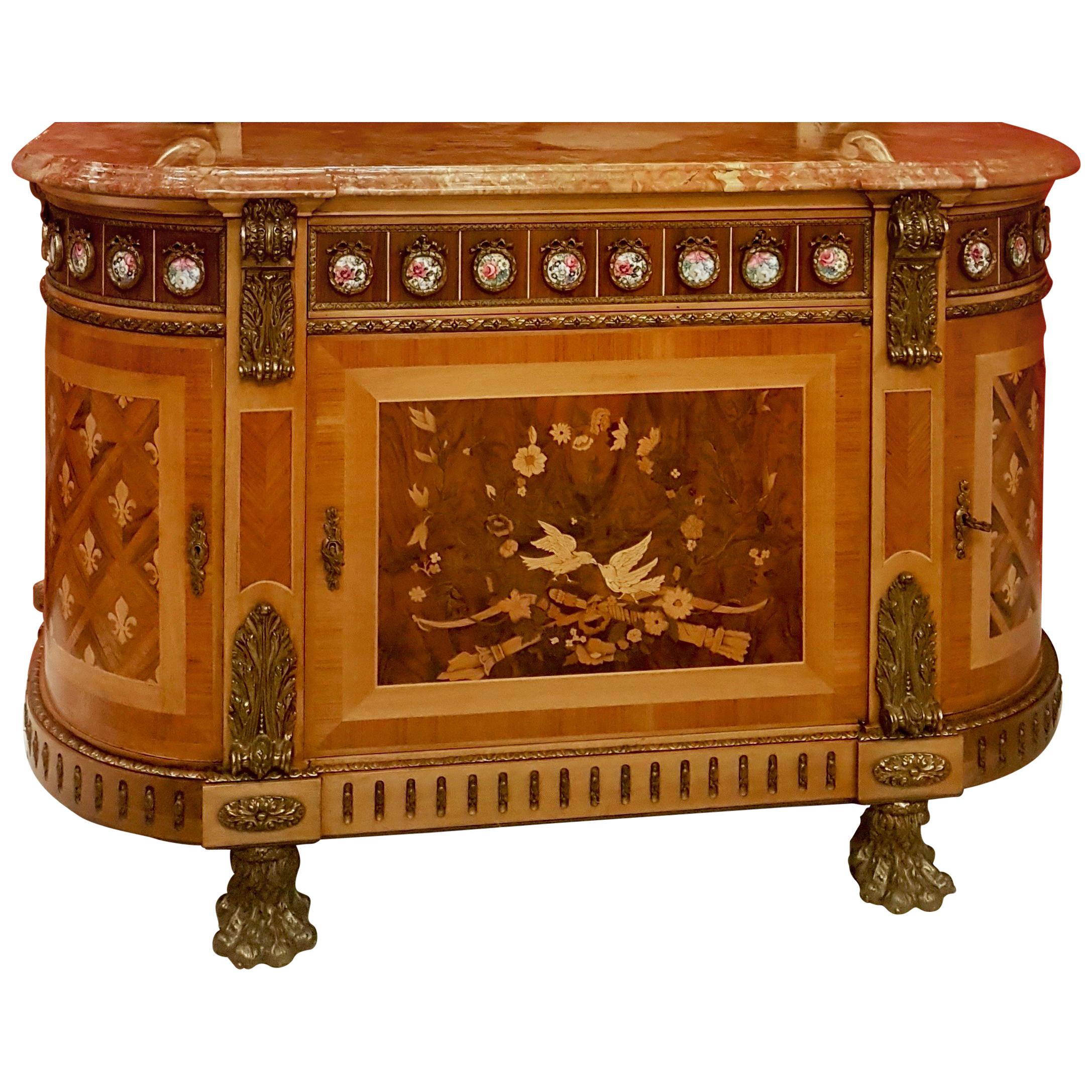 Sideboard curved in Louis XVI style with marble top richly inlaid from the 1950s For Sale