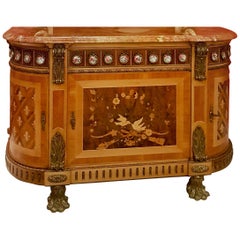 Sideboard curved in Louis XVI style with marble top richly inlaid from the 1950s