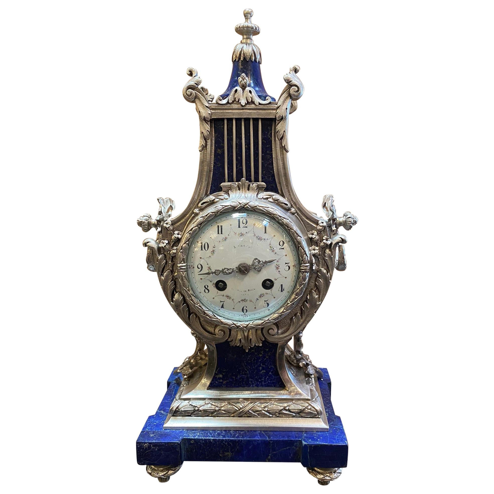 Louis XVI Style Silvered Metal and Lapis Lazuli Mantle Clock by A.