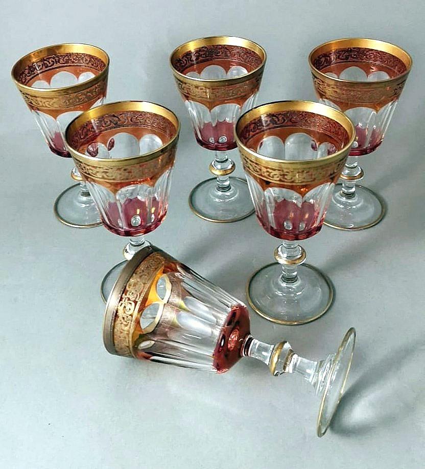 Louis XVI Style Six Blown and Colored Italian Wine Goblets Gold Rim For Sale 4