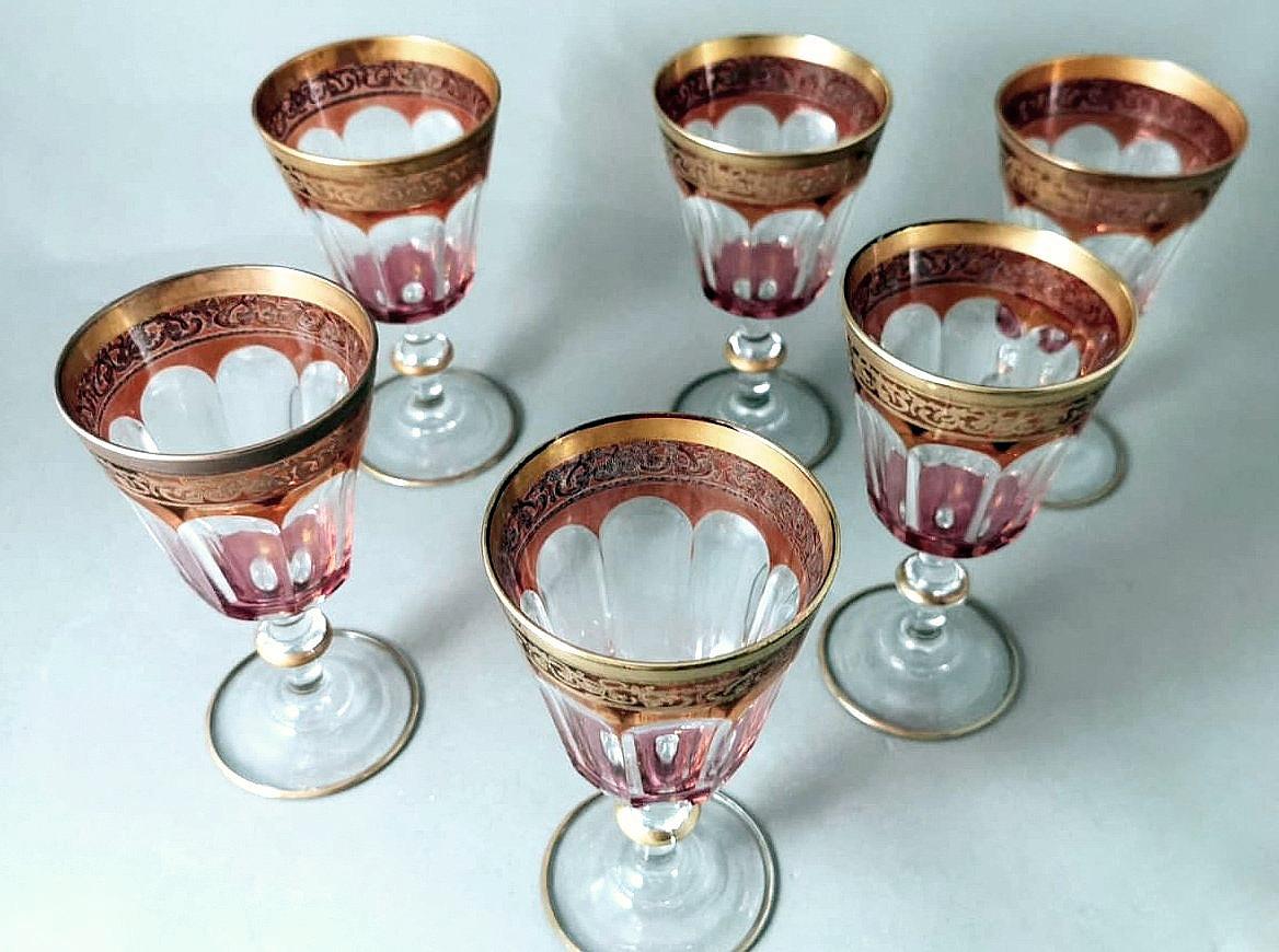 Louis XVI Style Six Blown and Colored Italian Wine Goblets Gold Rim For Sale 5