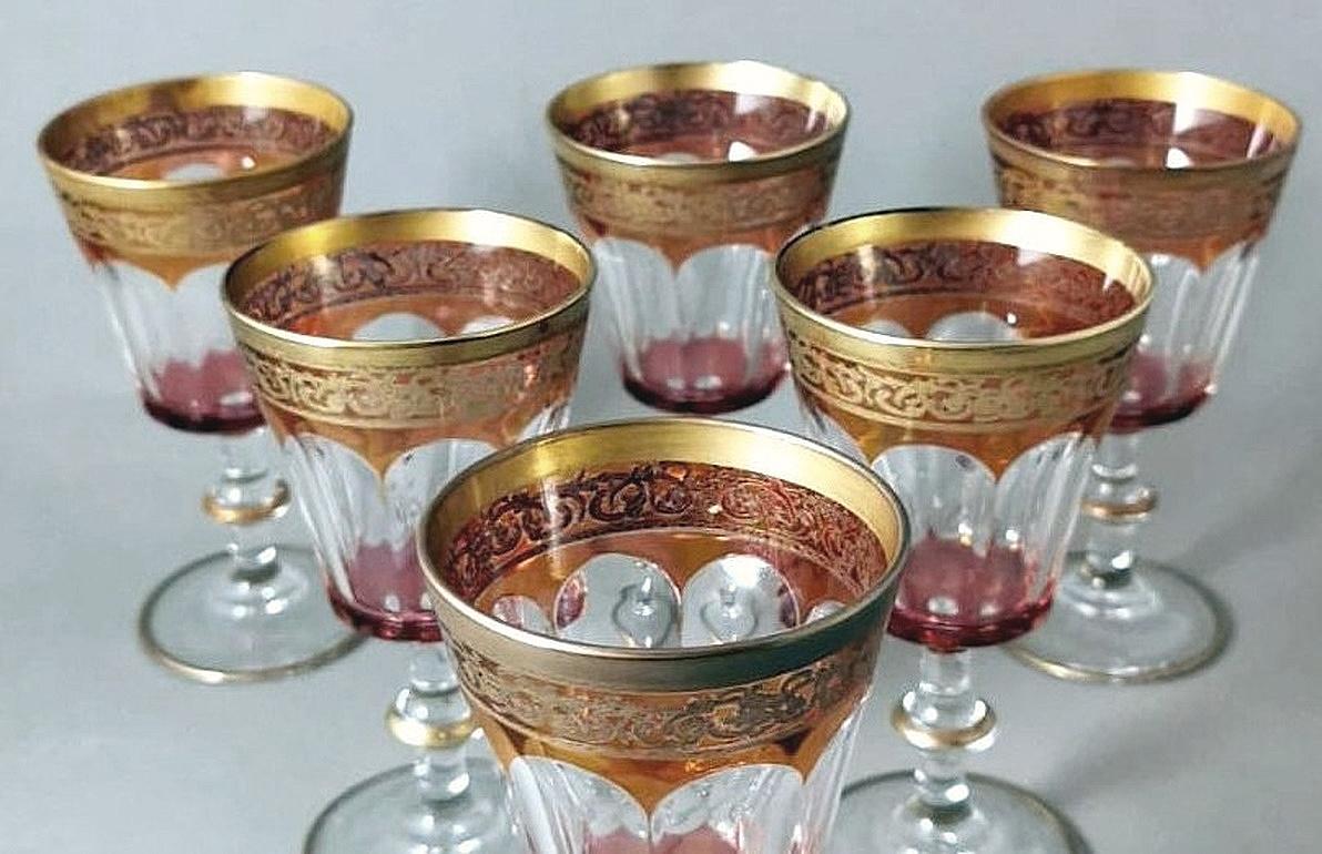 Louis XVI Style Six Blown and Colored Italian Wine Goblets Gold Rim For Sale 7