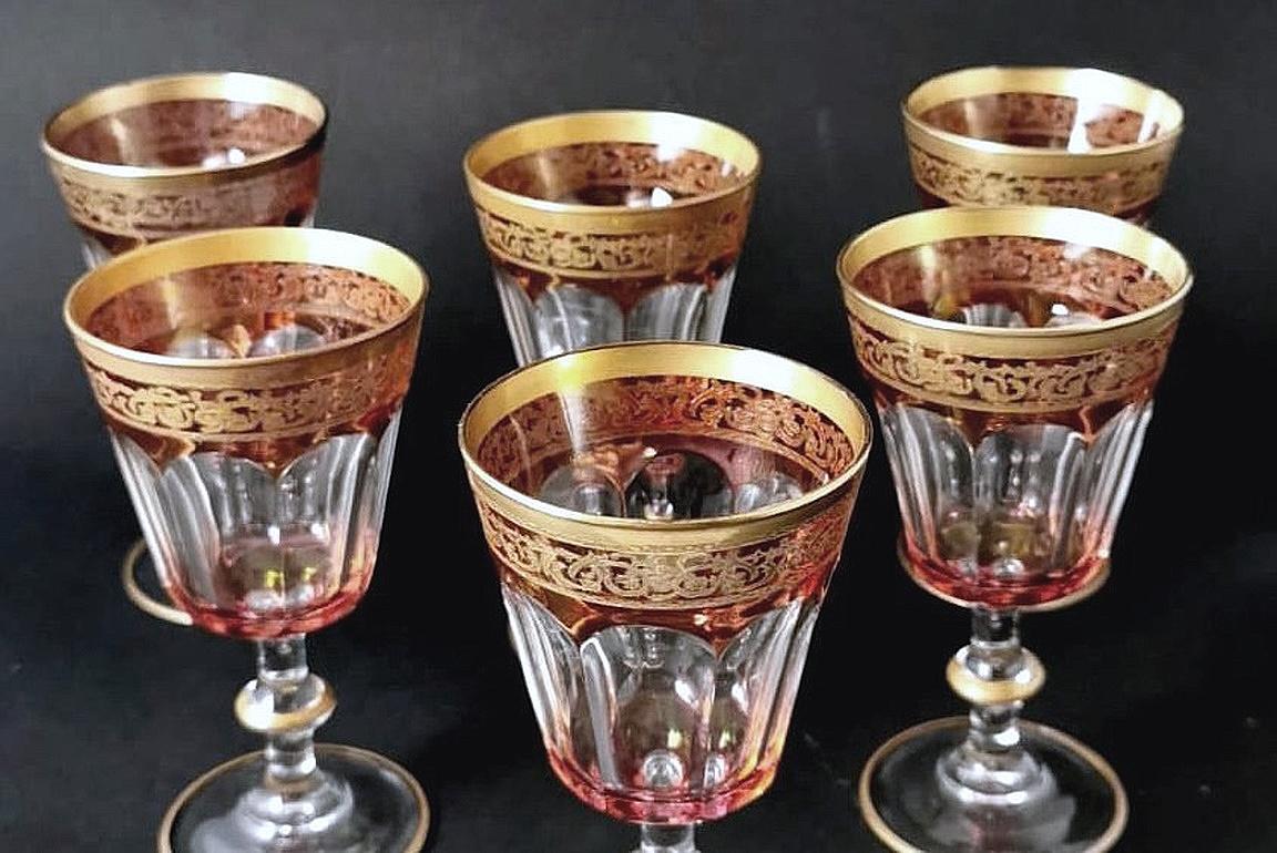 Louis XVI Style Six Blown and Colored Italian Wine Goblets Gold Rim For Sale 8