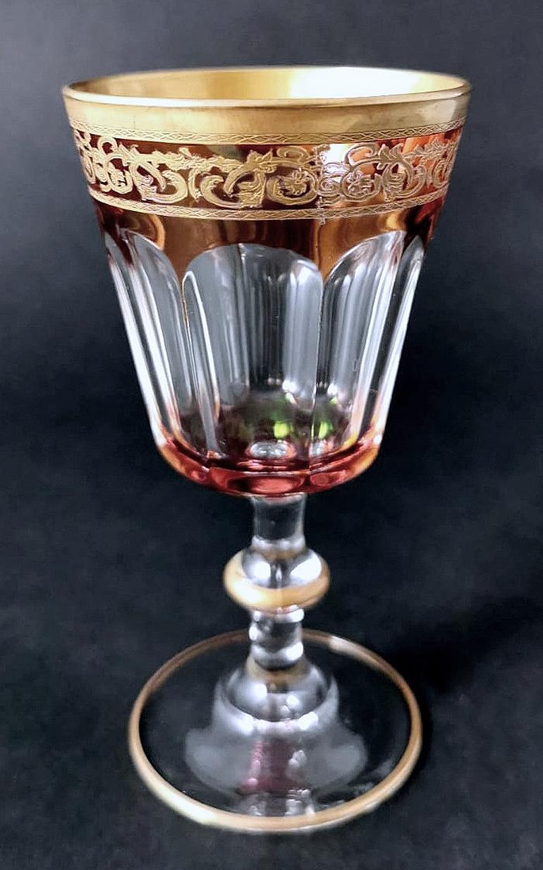 Louis XVI Style Six Blown and Colored Italian Wine Goblets Gold Rim For Sale 10